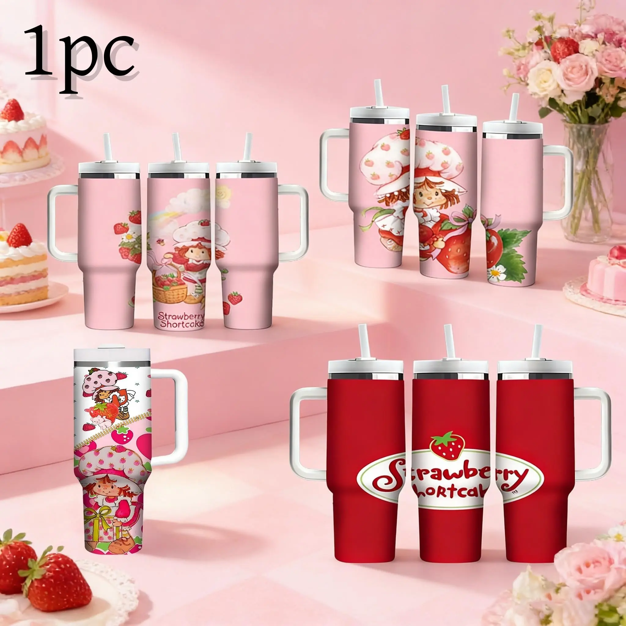 1pc 40oz large capacity stainless steel insulated cup with handle, Stainless tumbler - Strawberry Sweetheart, cute cartoon girl design, keeps hot and cold drinks, Birthday party or best friend gift