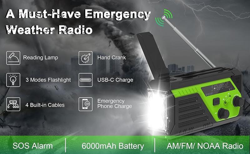 2000mAh Solar Hand Crank Weather Emergency radio Radio, AM/FM/NOAA, Flashlight & SOS Alarm for Hurricane Preparedness & Outdoor Emergencies winter storm