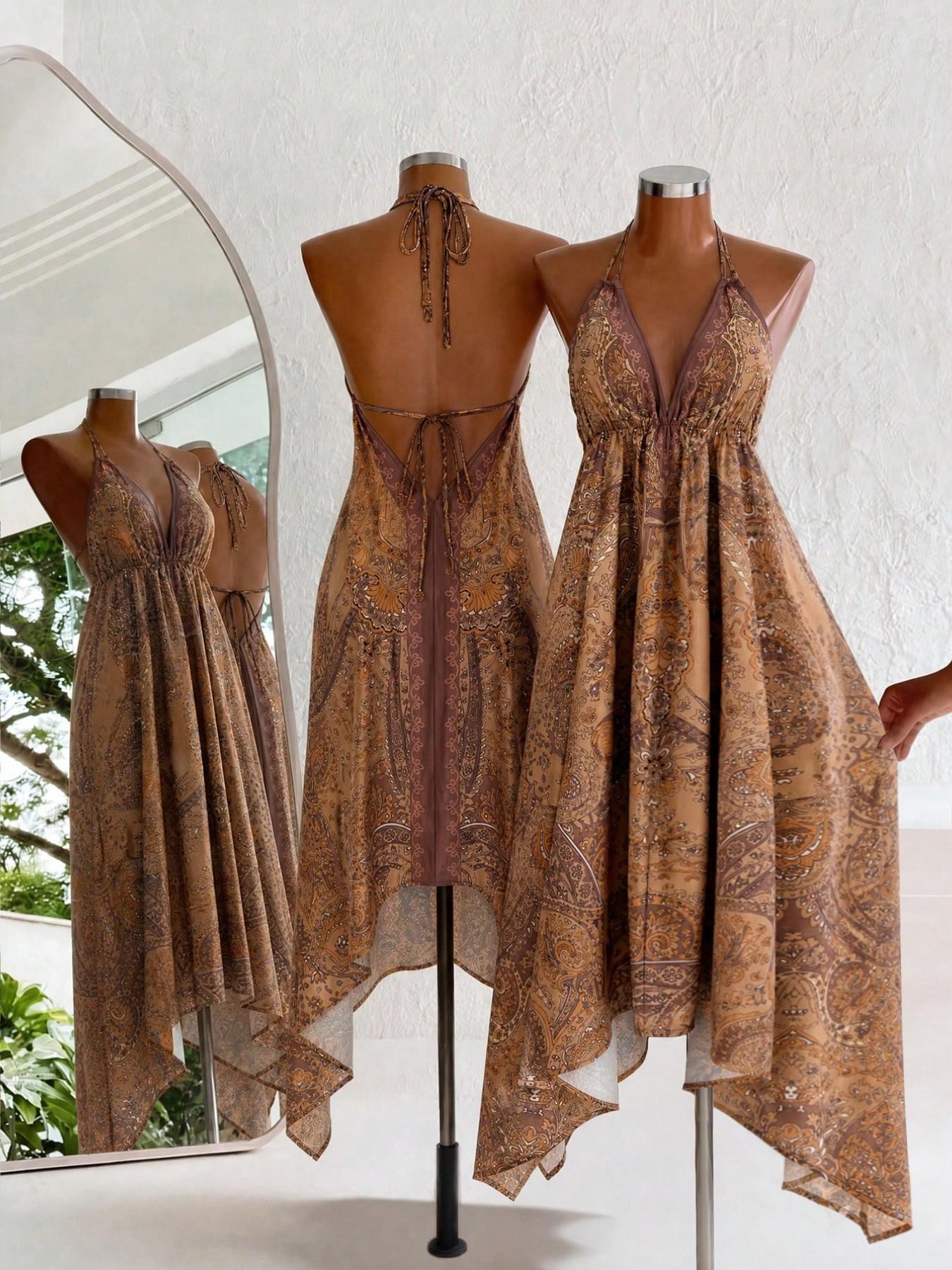 Women's Summer Boho Print Halter Long Dress, Deep V Backless Waist Cinch Sexy Dress, Perfect for Beach Vacation, Date, Daily Wear, Hiking, Boho Printed Dress