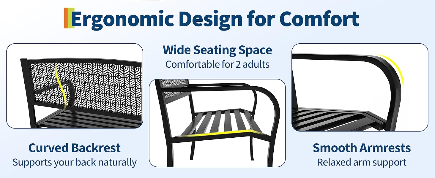 50 in Weather-Resistant Steel Frame Outdoor Patio Furniture Bench - 2-3 People Seat with Decorative Curved Backrest - Ideal for Porch, Yard - Patio Furniture Accessory