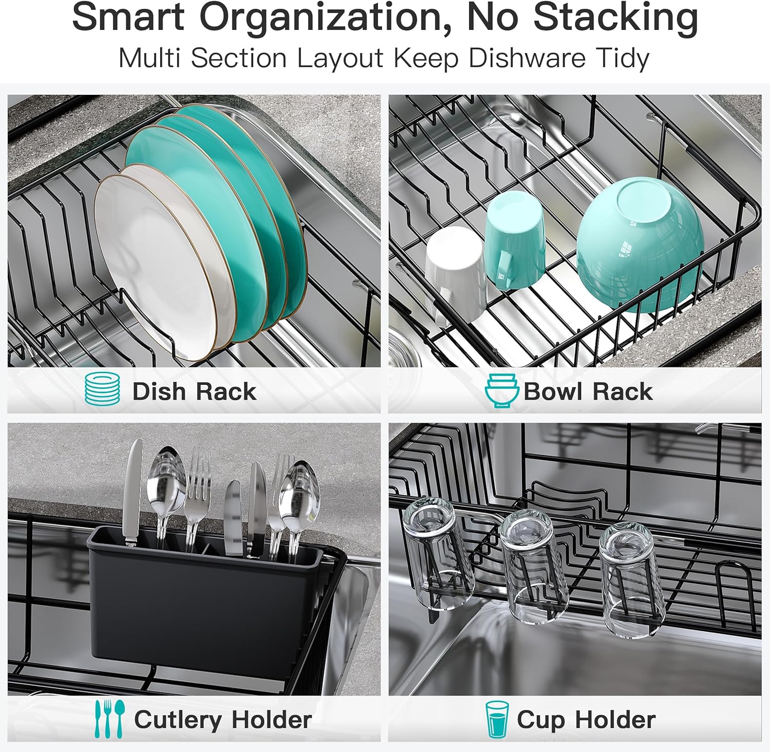 Dish Drying Rack for Sink, Expandable Stainless Steel Dish Drainer with Utensil Holder, Silver Over Sink and Inside Sink Dish Dryer Rack for Plates, Bowls, Cups and Kitchen Counter Storage