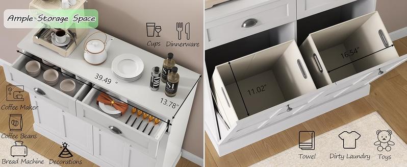 Double Tilt Out Laundry Hamper Cabinet, Hidden Laundry Cabinet with 2 Drawers & 2 Laundry Storage Baskets, 30 Gallon Trash Can Cabinet, Storage Cabinet for Bathroom, Laundry Room,Kitchen, White