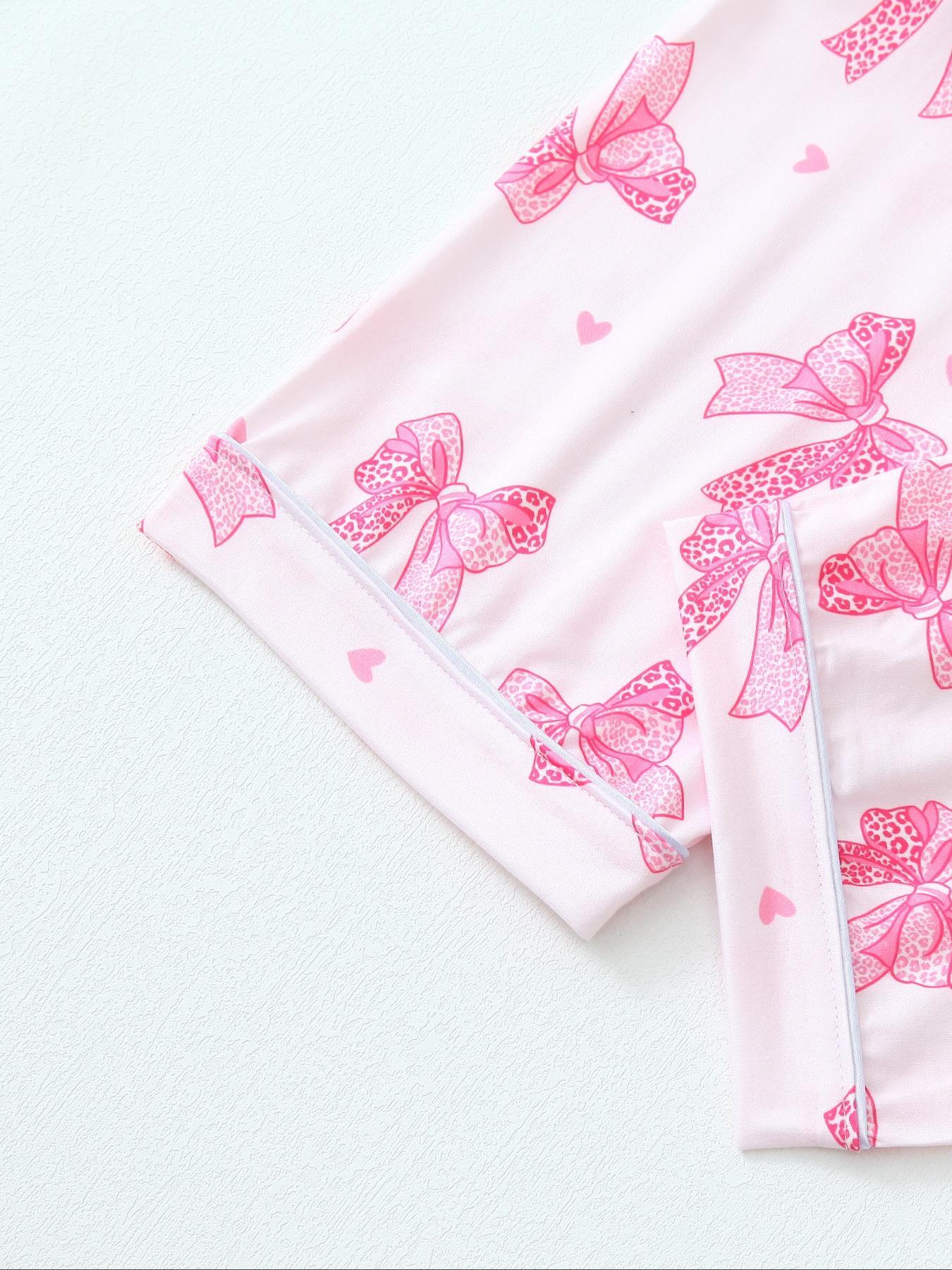 Women's Leopard Print Fitted Pajama Set with Bow Tie, Short Sleeve Shirt and Long Pants for All Seasons, Comfortable Casual Sleepwear