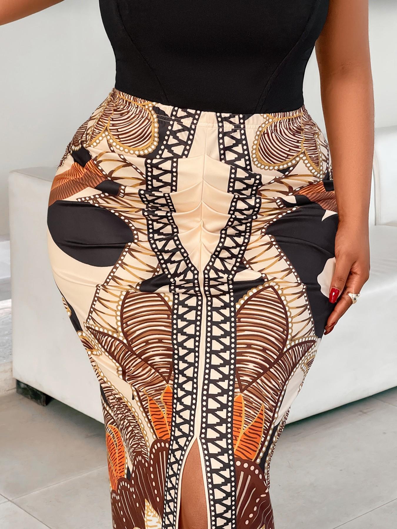 Plus Size Elegant Chic High Waist Fitted Printed Split Maxi Skirt for Women, All Season Casual Dress, Perfect for Christmas and Valentine's Dates