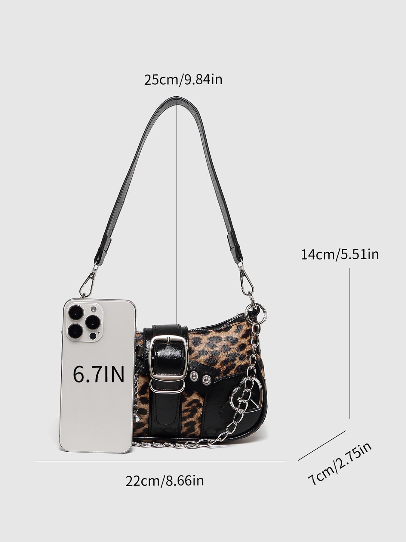 Women's PU Leather Embellished Shoulder Bag, Vintage Leopard Print Colorblock Crescent Clutch, Y2K Style Chain Decorated