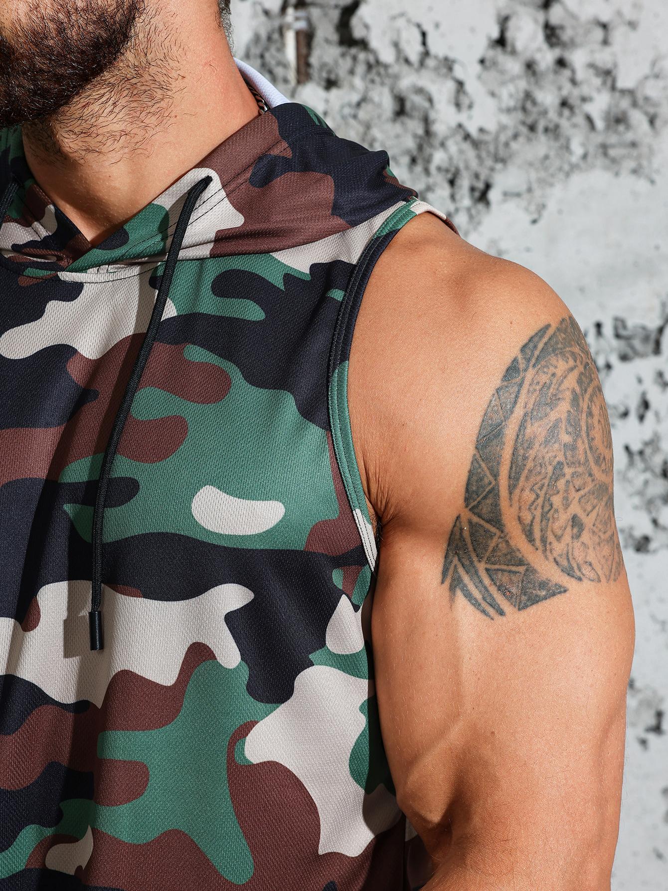 Men's Lightweight Polyester Camouflage Hooded Vest - Breathable, Sleeveless Sporty Design for Gym, Running - Machine Washable
