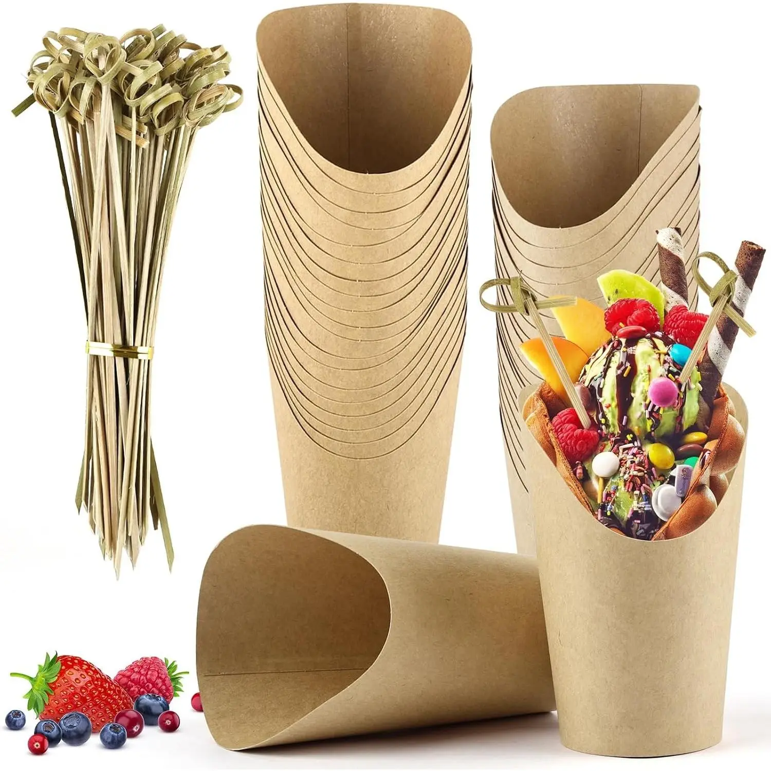 50 Pack 12oz Paper Charcuterie Cups with 100 Bamboo Cocktail Picks for Party, Grease-Proof & Leak-Proof Coating, Oblique Mouth Design for Easy Food DisplayGift