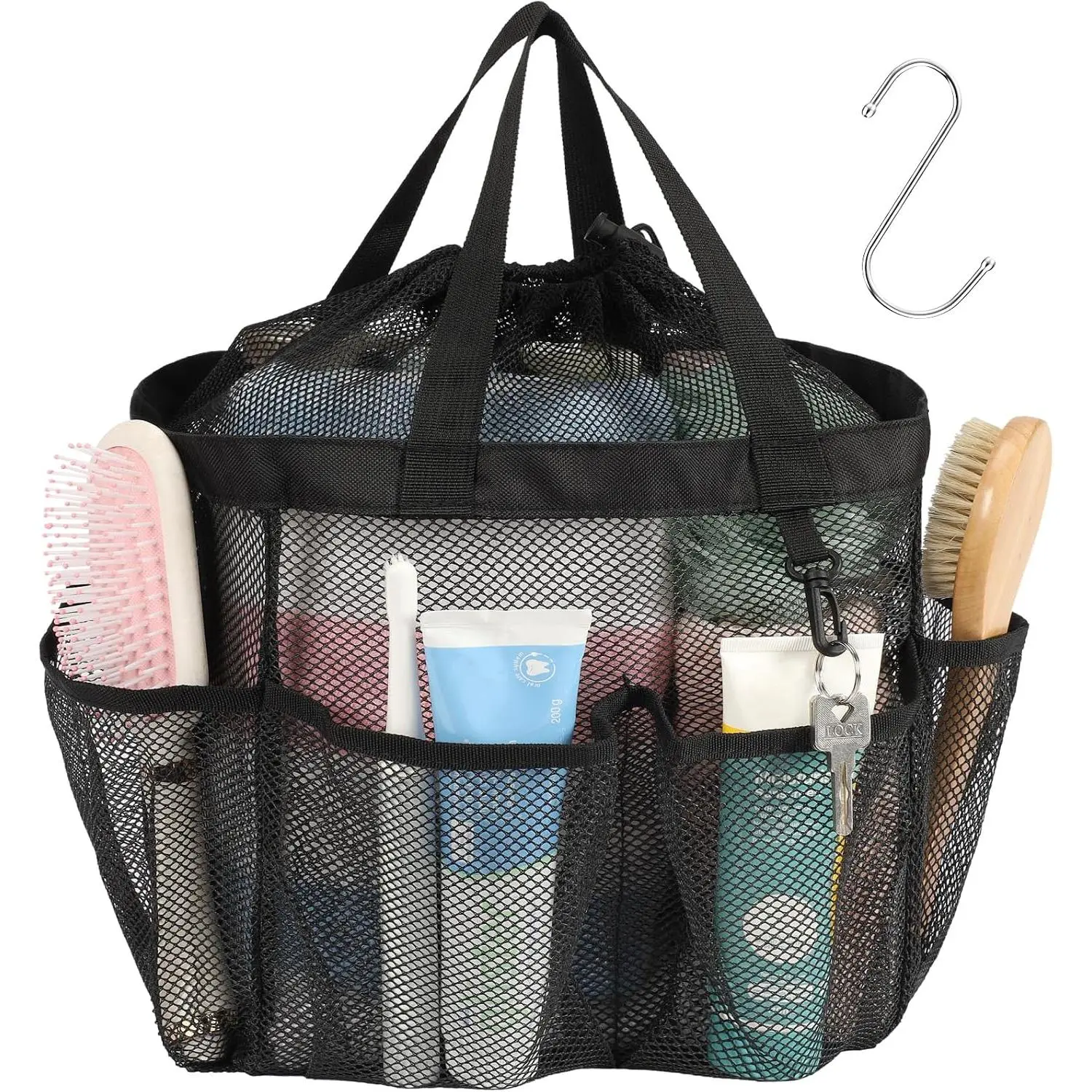 Mesh Shower  Portable with Drawstring - 2-Handle Shower Bag for Dorm | 8 Deep Pockets, S-Hook, Quick-Dry Mesh, College Dorm Room Essentials for Girls, Camping, Gym, Travel & Bathroom, Black