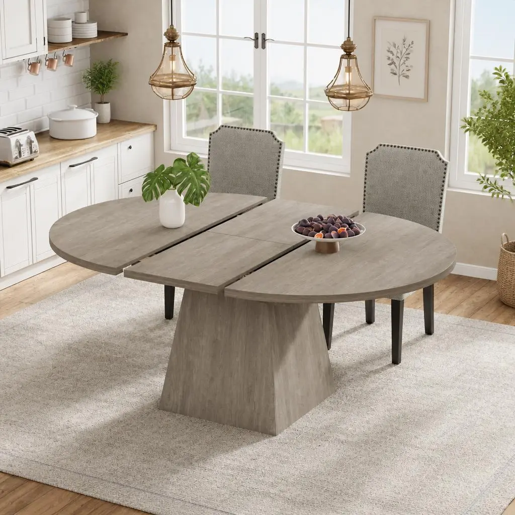 47-63 in Extendable Round Dining Table for 4-8 - Hidden Leaf Converts to Oval - Thickened Tabletop - Metal Pedestal Base with Storage Shelf, Space-Saving Kitchen Table (Table Only)