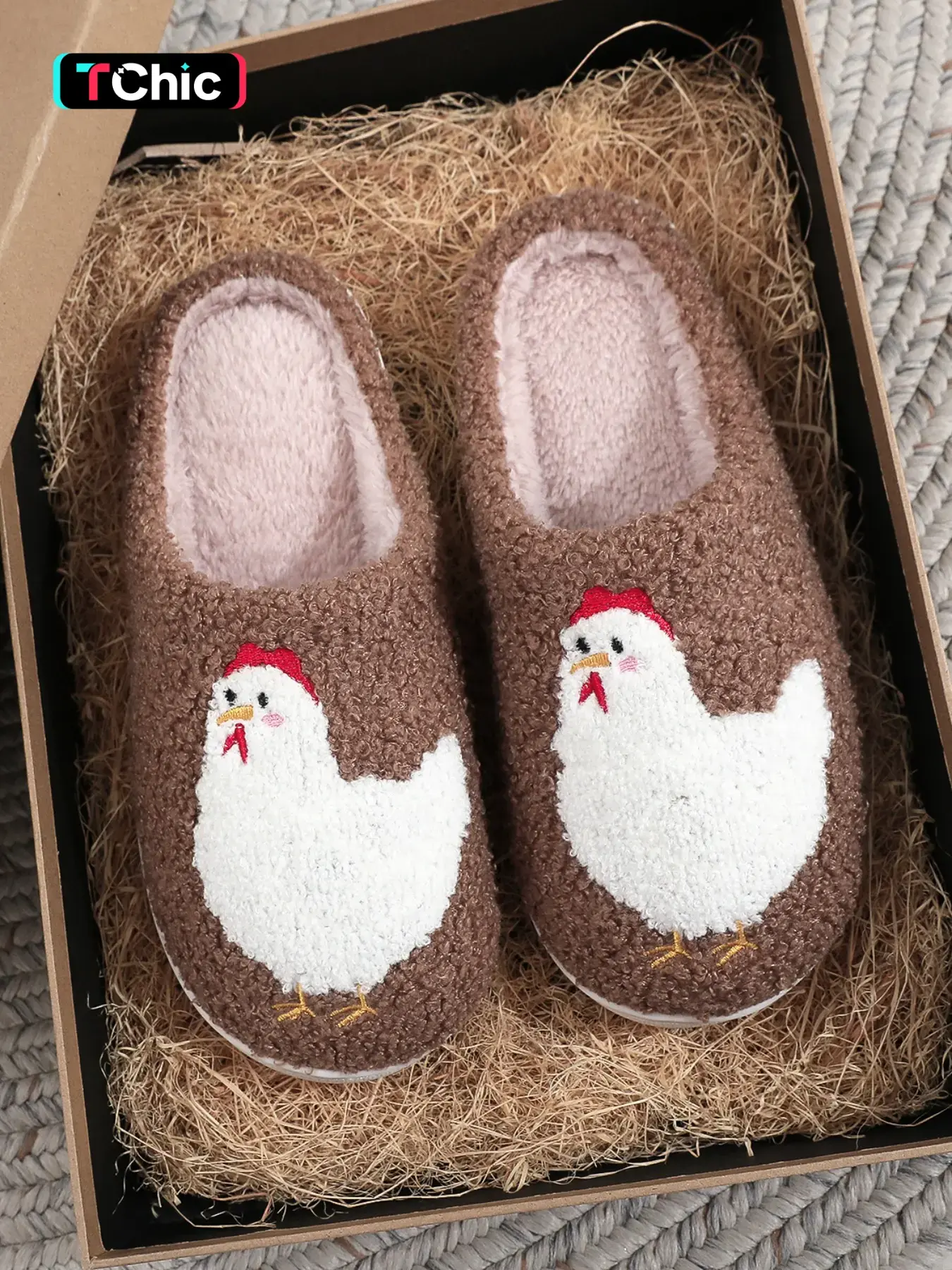 Soft Plush Hen Slippers, Fluffy Warm Home Slippers, Cute Chicken Embroidered Indoor Outdoor Shoes, Fall Winter Gift for Farm Parents