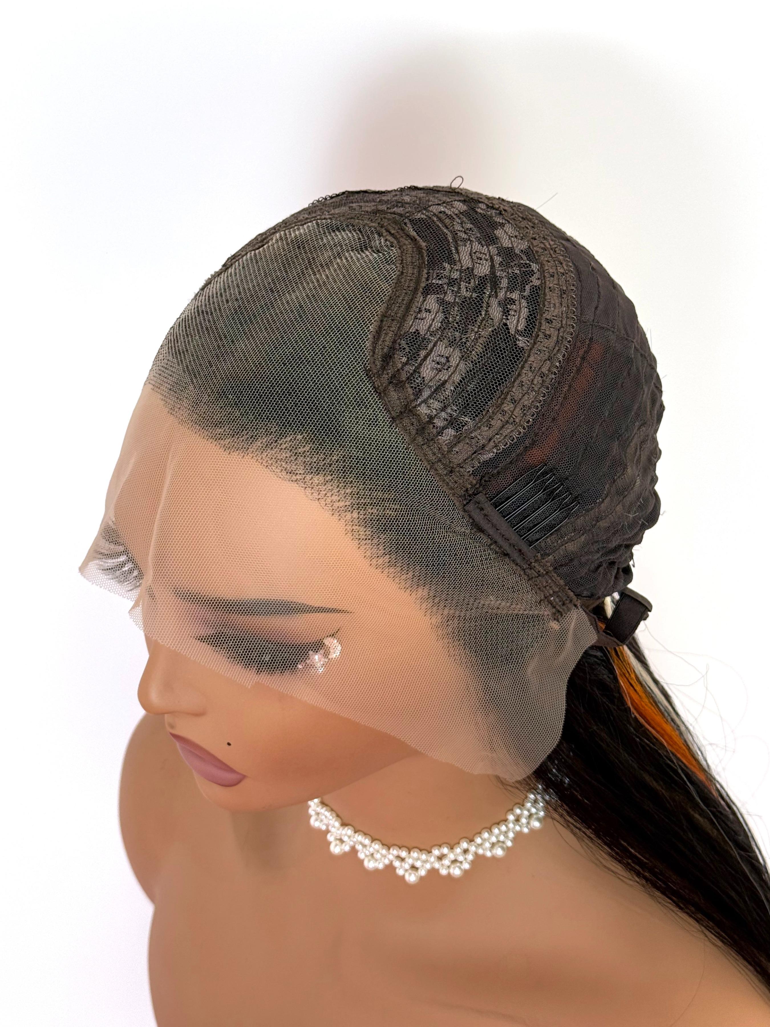 26 Inch Black with Orange Gold Highlights Body Wave Lace Front Wig Heat Resistant Synthetic Hair Glueless Natural Hairline for Daily & Party Wear Synthetic Glueless Wigs
