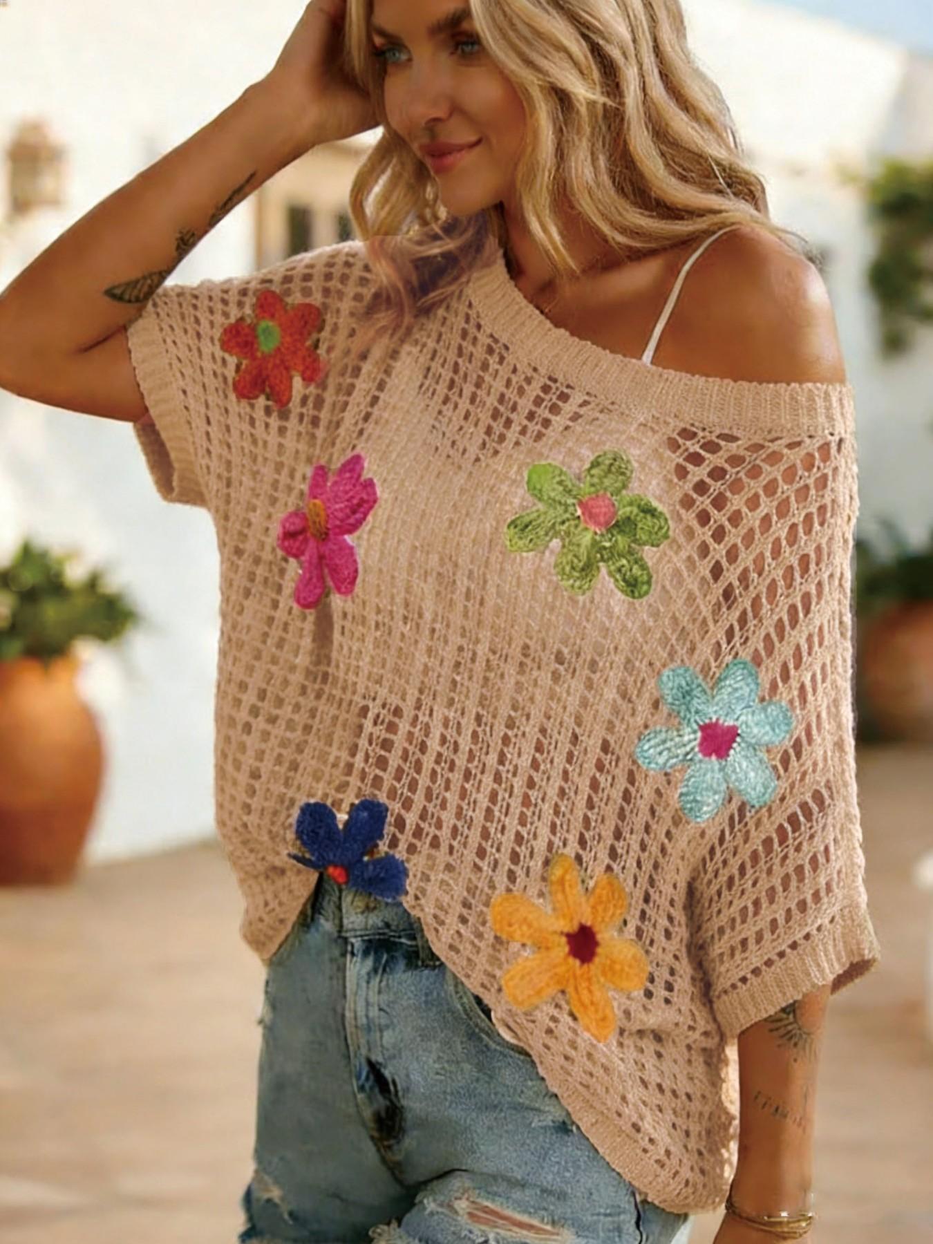 Women's Summer Crochet Floral Short Sleeve Pullover Knit Shirt, Boho Style Loose Fitting Beach Cover-Up for Trendy