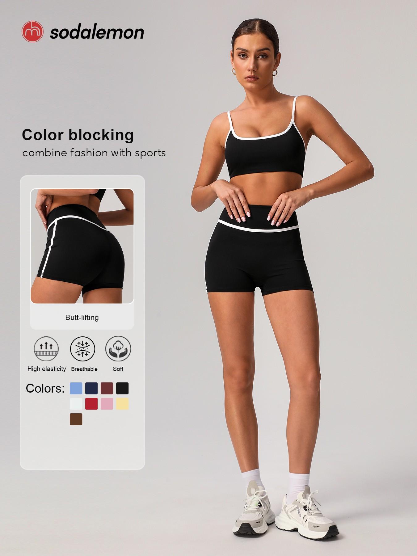 Sodalemon Two-Piece Set Women's Solid Crop Sports Bra & High Waist Skinny Shorts Tracksuit Set, Breathable Comfortable Sports Outfits for Yoga Gym Workout Running, Ladies Sportswear for All Seasons