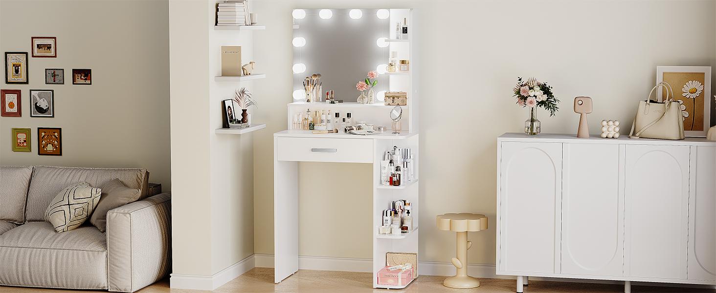 Makeup Vanity Desk with Mirror and Lights, 26.4”Small Vanity Mirror with Lights with Large Drawer and 6 Level Storage, White Vanity with Large Led Mirror with 3 Color Lighting Modes Makeup Vanity Desk with Mirror and Lights, 26.4”Small Vanity Mirror with Lights with Large Drawer and 6 Level Storage, White Vanity with Large Led Mirror with 3 Color Lighting Modes