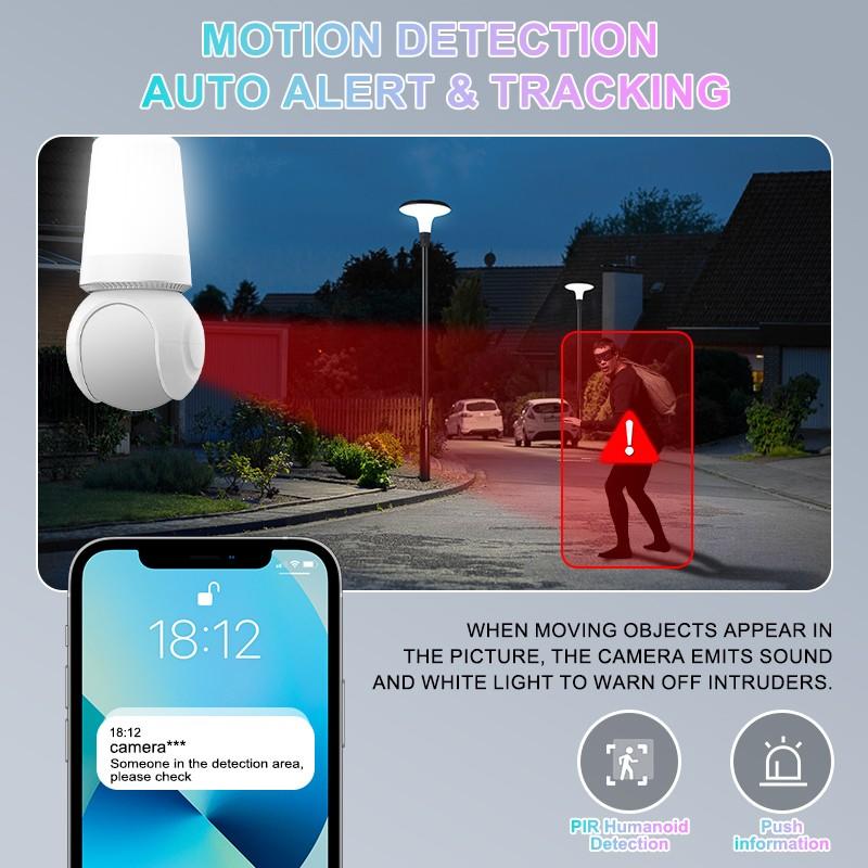E27 Light Bulb Security Camera, WiFi, Auto Human Tracking, Full Color Night Vision, Zoom, Works with Alexa, 10x Digital Zoom