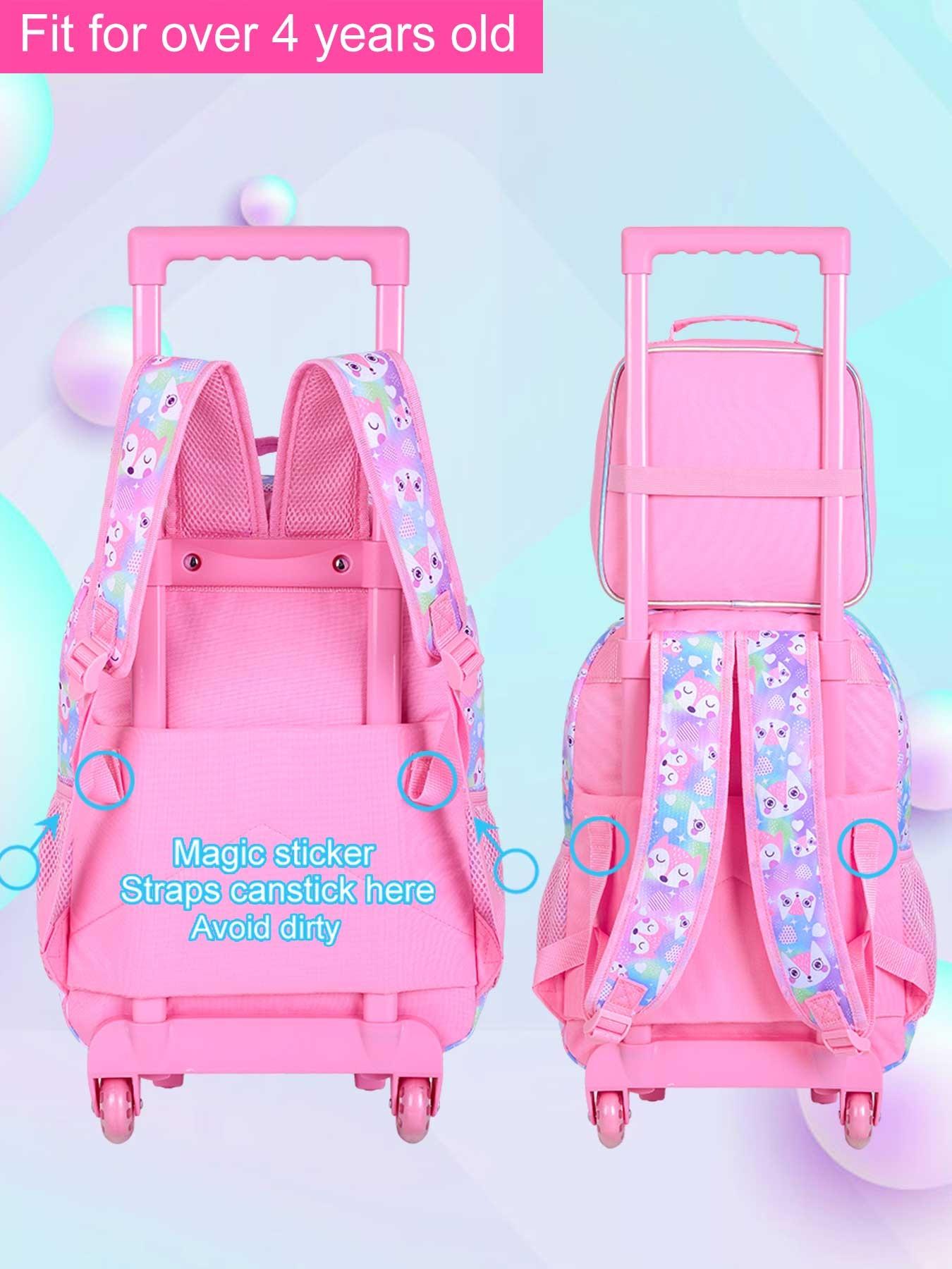 Girls' Rolling Backpack Set, Fox Pattern School Bag with Wheels, School Backpacks, Rolling Bookbag and Lunch Box for Preschool (white)