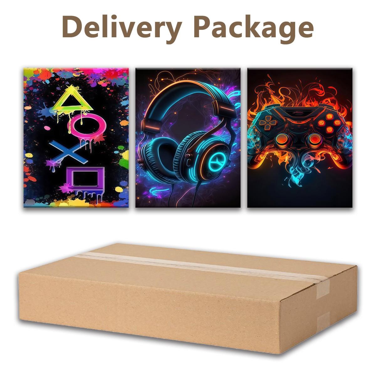 3-count wooden frame canvas, neon ink-wash game buttons, headphone controllers, e-sports triple poster, fashionable art, modern art, home decoration painting, Framed Home Decor, exquisite living room, bedroom and office wall art, waterproof art