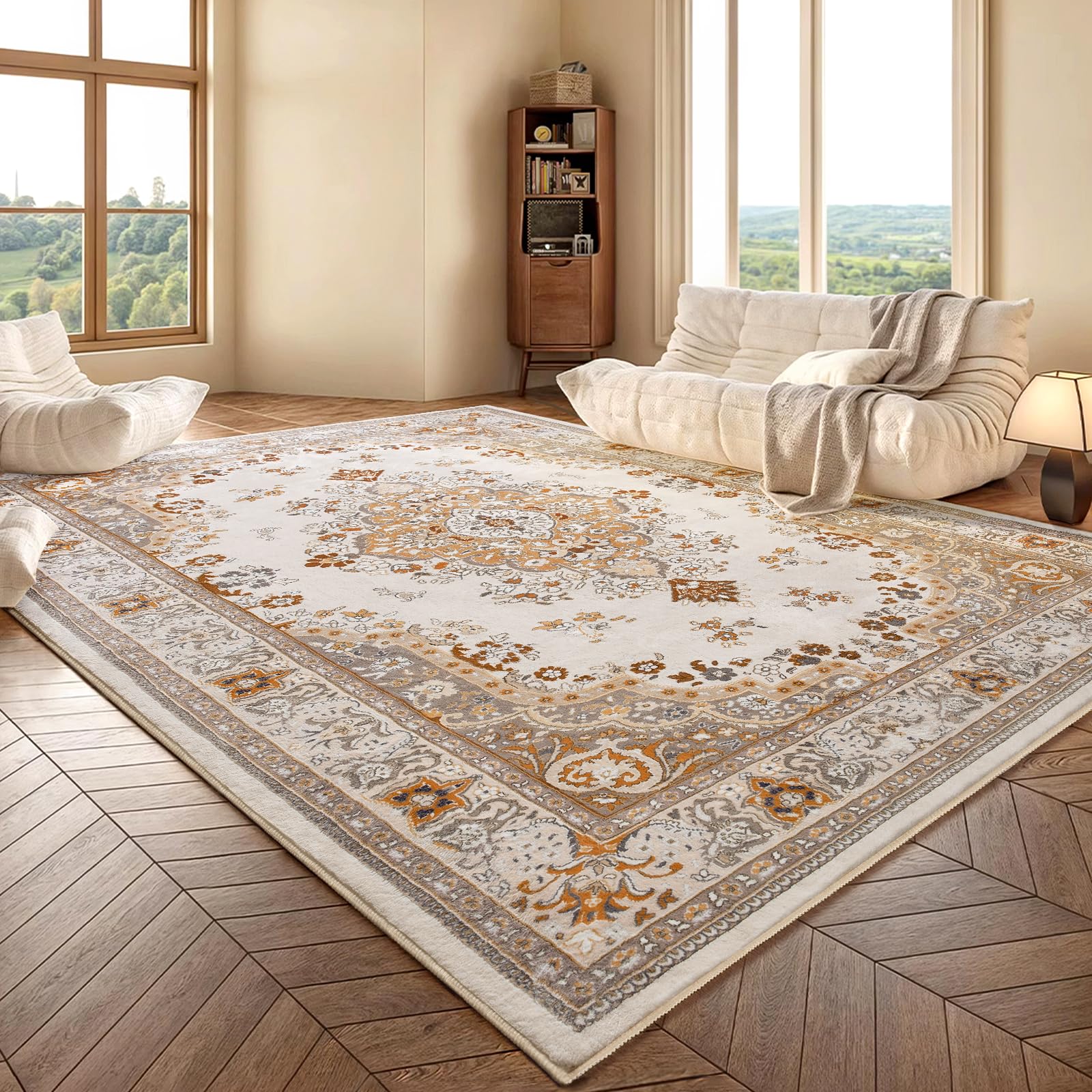 Washable Vintage Area Rug Non-Slip Low Pile Large Rug For Living Room, Bedroom, Farmhouse, Dining Room, Black, Grey, Blue, Green, Beige, 5x8, 7x10, 9x11 Feet