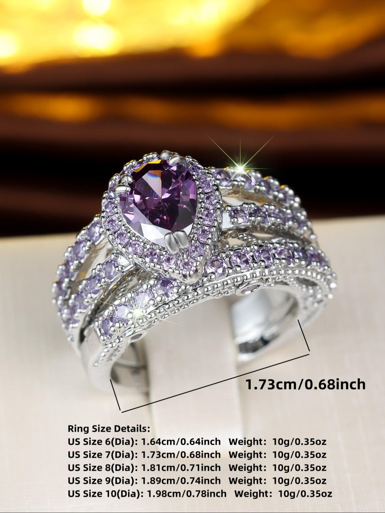2-piece ring set, purple teardrop synthetic zircon inlay engagement ring, stackable rings for women, Artificial Gemstone Ring, exquisite birthday anniversary gift for her