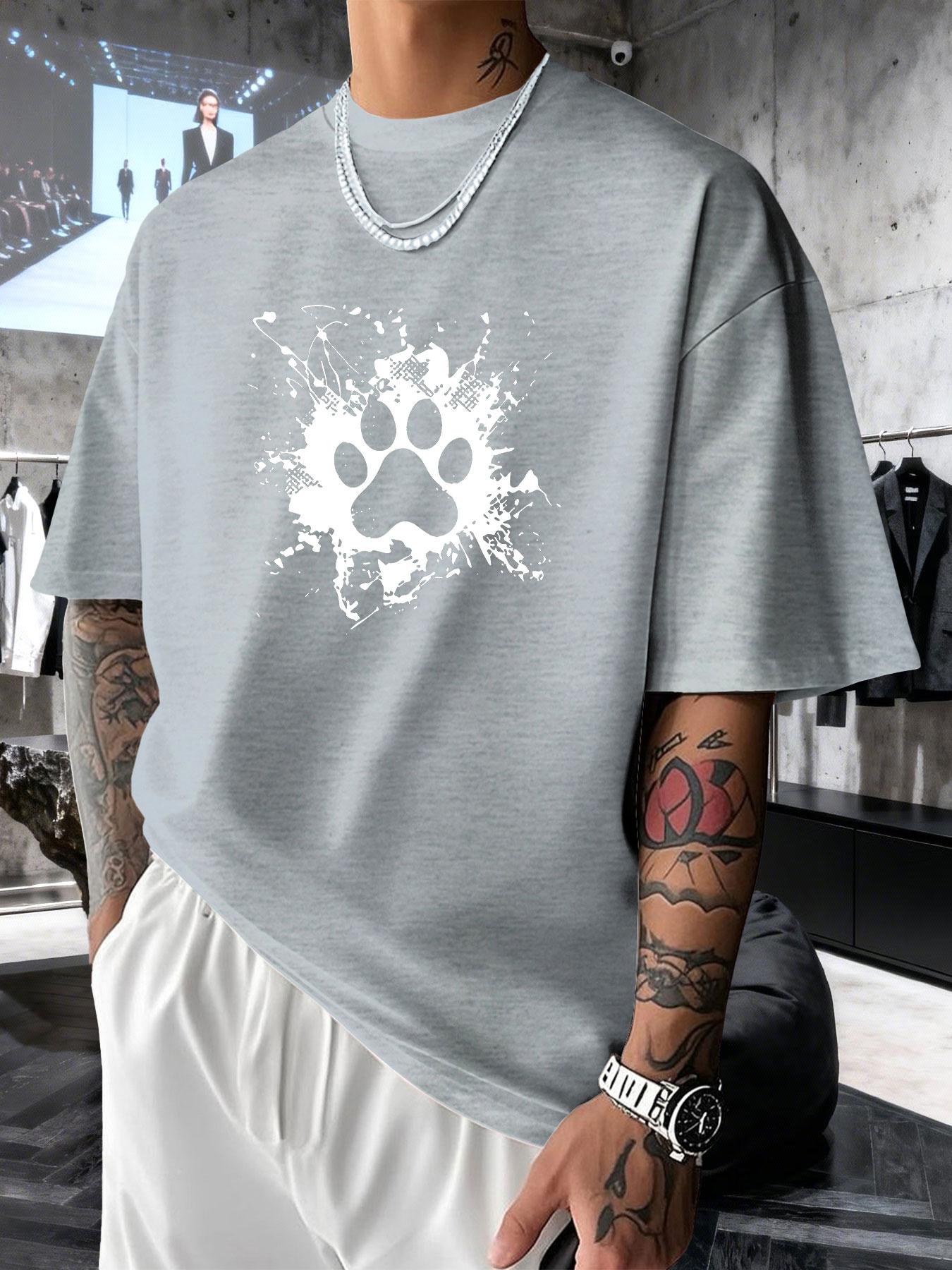 Men's Short Sleeve T-Shirt Summer, Dog Paw Cat Paw Ink Creative Print, Heart Healing Style, Loose Fit Drop Shoulder Top