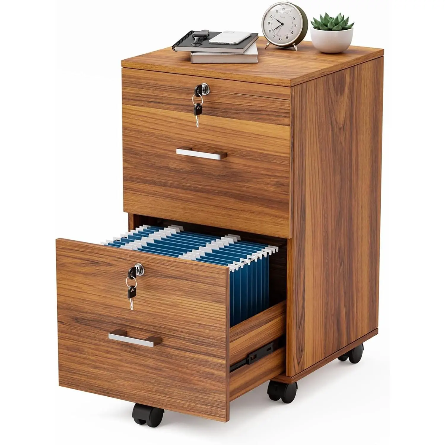 2-Drawer Rolling File Cabinet with Lock, Wood Mobile File Organization for Hanging Letter Size Filings Under Desk Filing Cabinets for Home Office, Assembly Required, Classic Walnut, 26.5" H