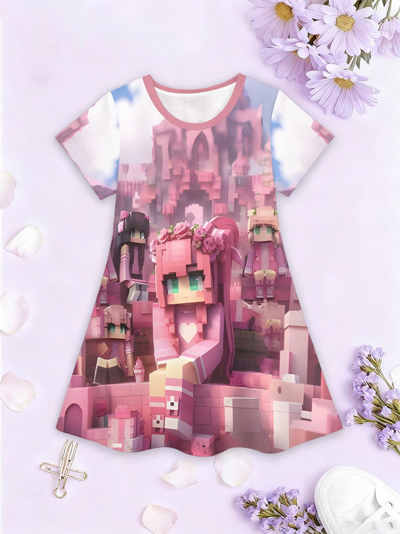 Trendy Girls' Idol Print Dress, Casual Short Sleeve Party, Perfect Birthday & Holiday Gift, Kids Fashion Apparel