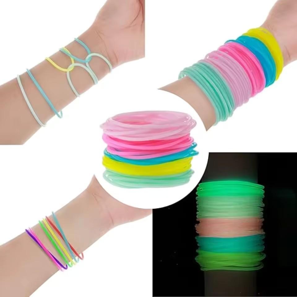 20 Pcs Glow-In-The-Dark Bohemian Silicone Bracelets, Fluorescent Elastic Wristbands, Festival Party Night Run Accessories, Random Colors