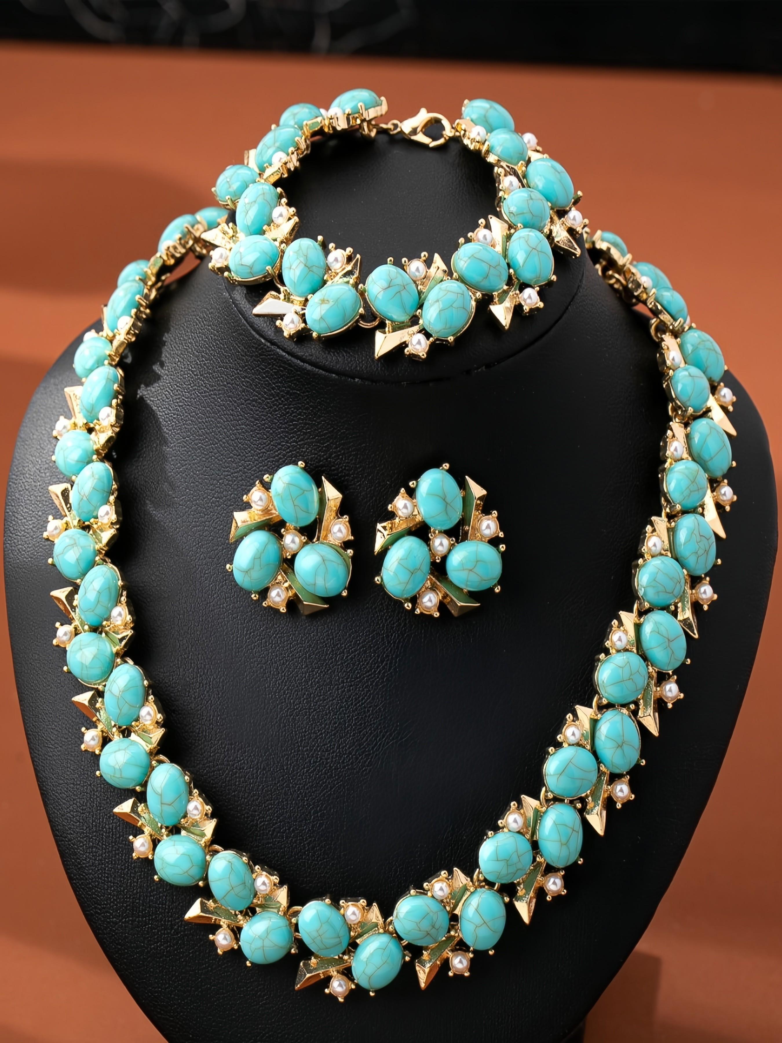 Vintage Gold Tone Turquoise Statement Jewelry Set, 3-Piece Necklace Earrings Bracelet, Luxury Turquoise Gemstone Jewelry for Women, Party Prom Wedding Accessory Gift