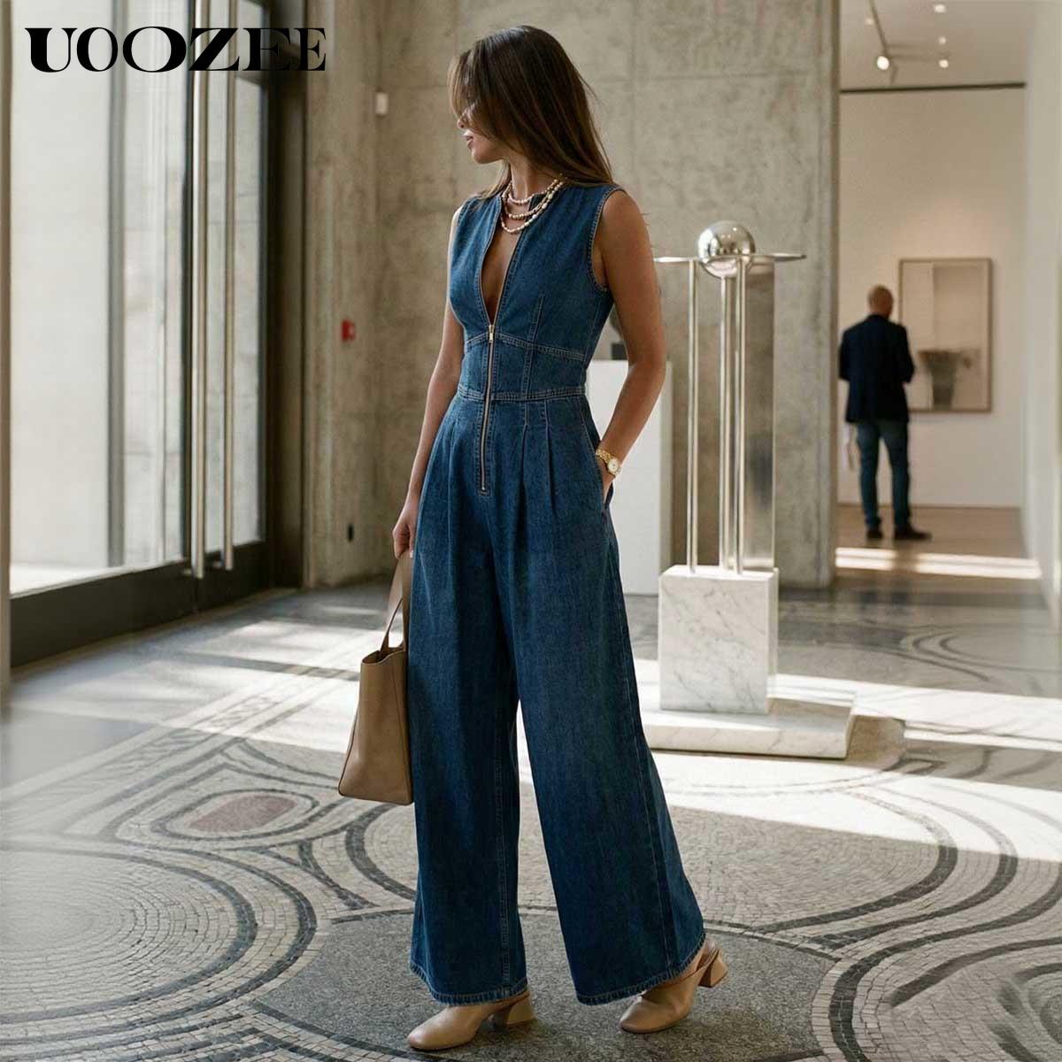 UOOZEE Women's New Summer Vintage Sleeveless Denim Wide Leg Jumpsuit, High Waist Front Zip Denim Overalls with Pockets, Zip Front Casual Jumpsuit for Tall Women(One Size Up Recommended for C - Cup and Above),summervibes