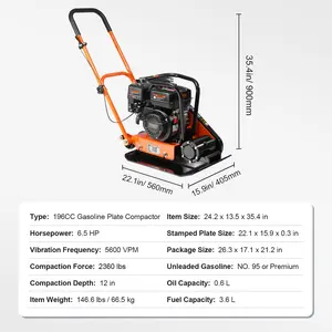 VEVOR 6.5HP Plate Compactor, 196CC Gas Engine, 2360 lbs Vibratory Compaction Tamper, 22.1x15.9 in Plate Power Jumping Jack Tamper, 5600 VPM Pavement Compactor for Walkways, Asphalts, Paver Landscaping