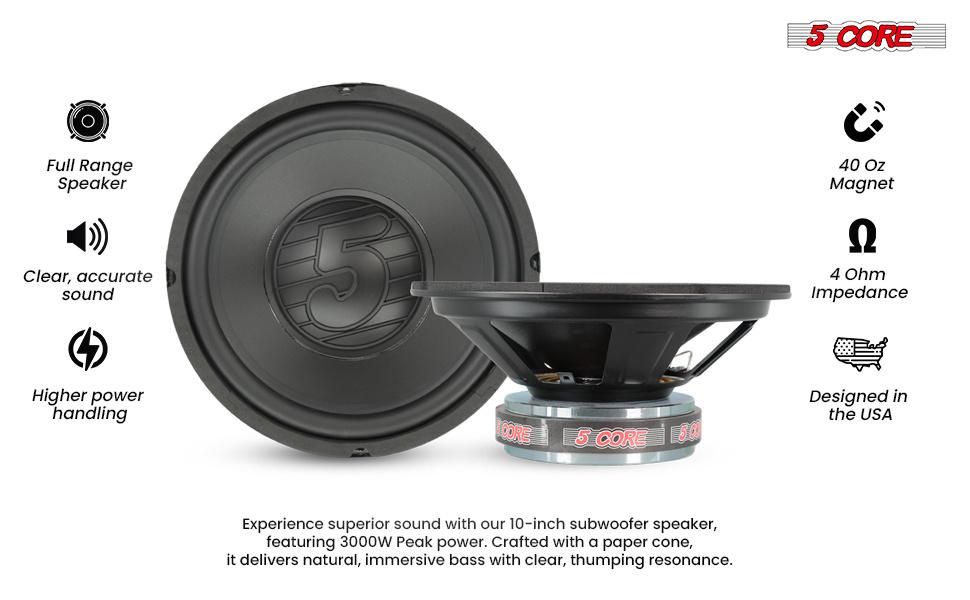 Car Subwoofer 10" 3000W Pro Audio Deep Bass Component Sub Woofer 4Ohm Replacement Speaker