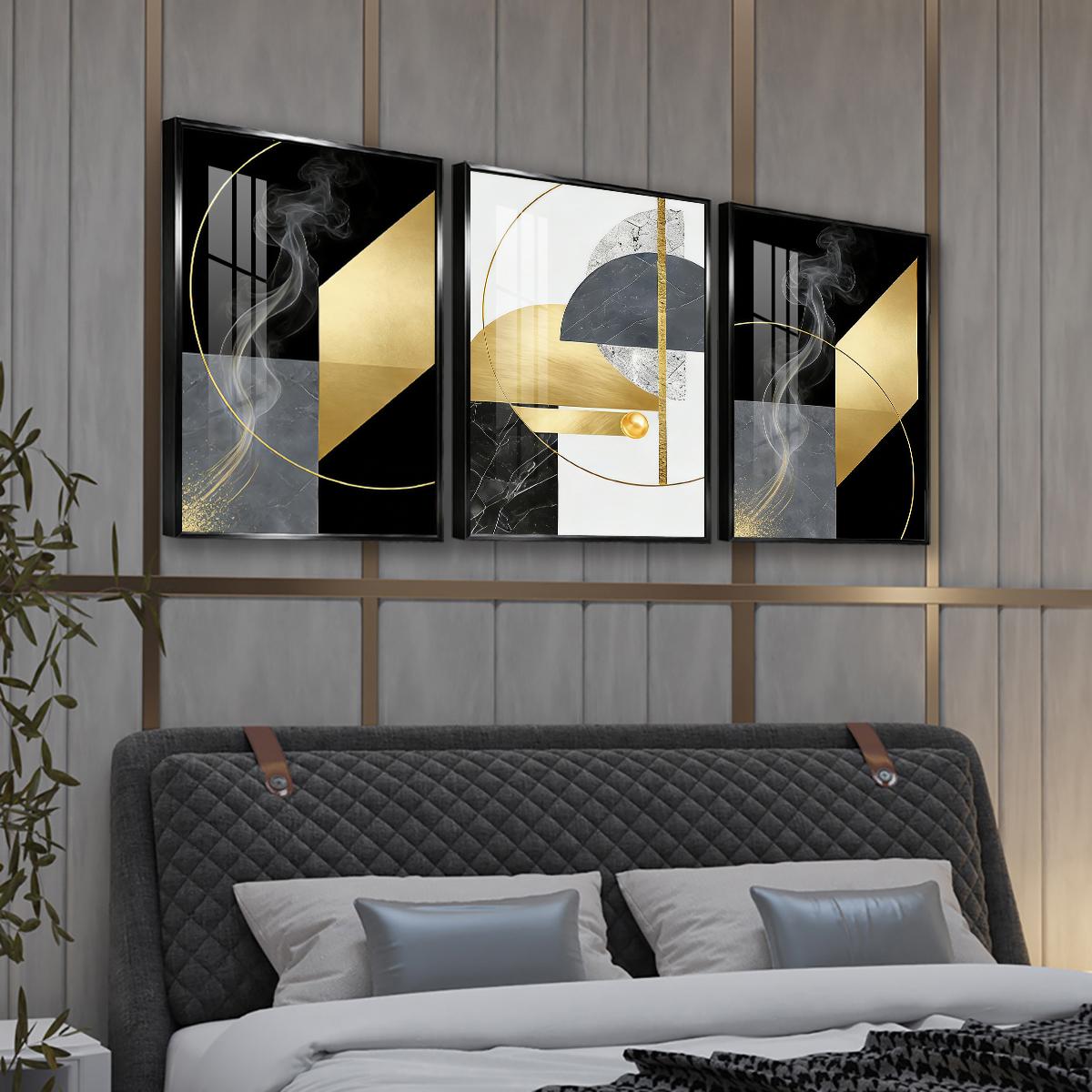 3 Counts Aluminum Alloy Framed Painting, Abstract Geometric Gold And Black Art Pictures, Home Decoration For Living Room, Bedroom, Office, Restaurant, Hallway Wall Decor, Odorless Print Artwork, Luxury Perfect Gift For Friends And Family