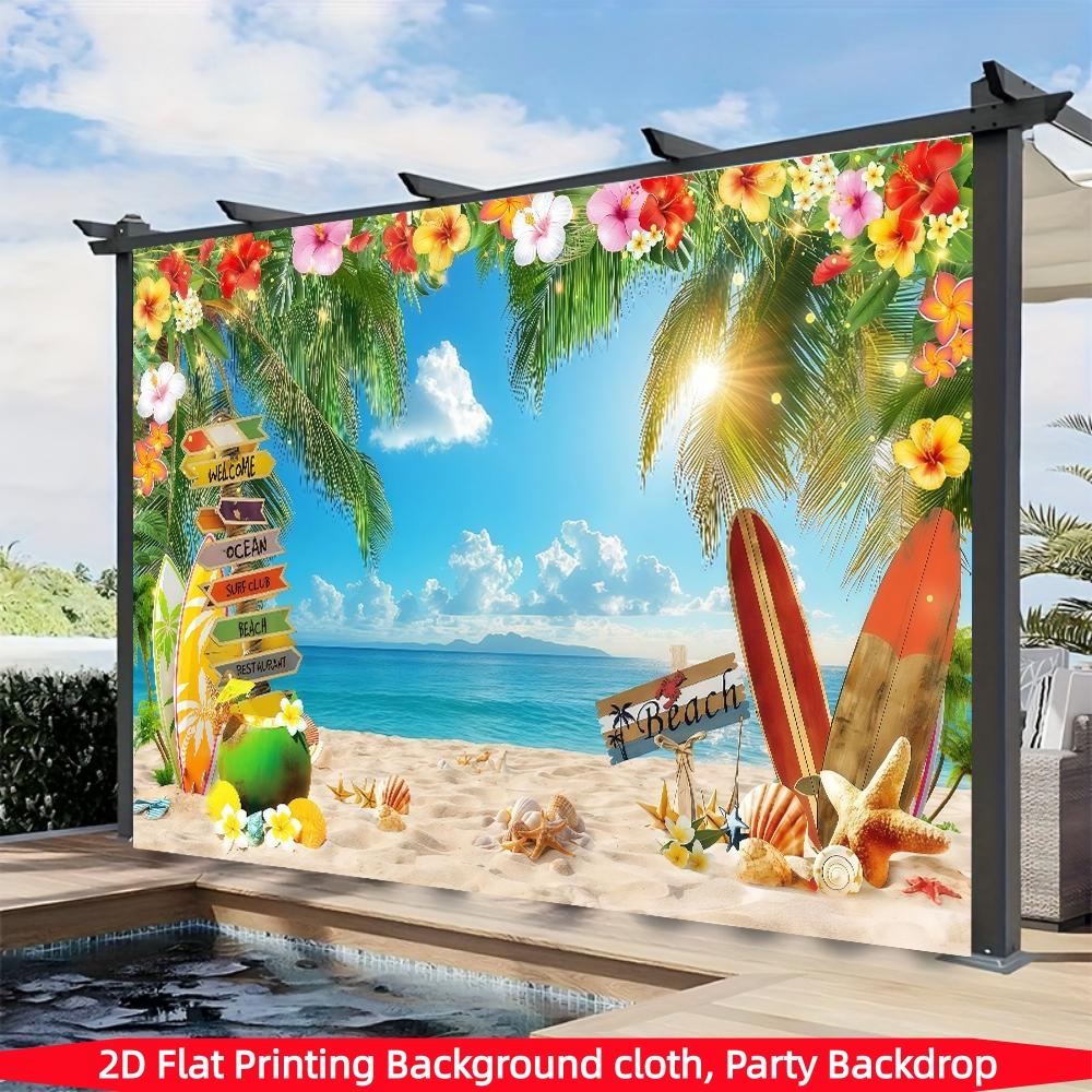 Hawaiian beach background banner, summer Hawaiian tropical palm tree photography background, polyester material, suitable for indoor/outdoor Hawaiian parties, birthdays, weddings, summer decoration, photo booth background, holiday party supplies