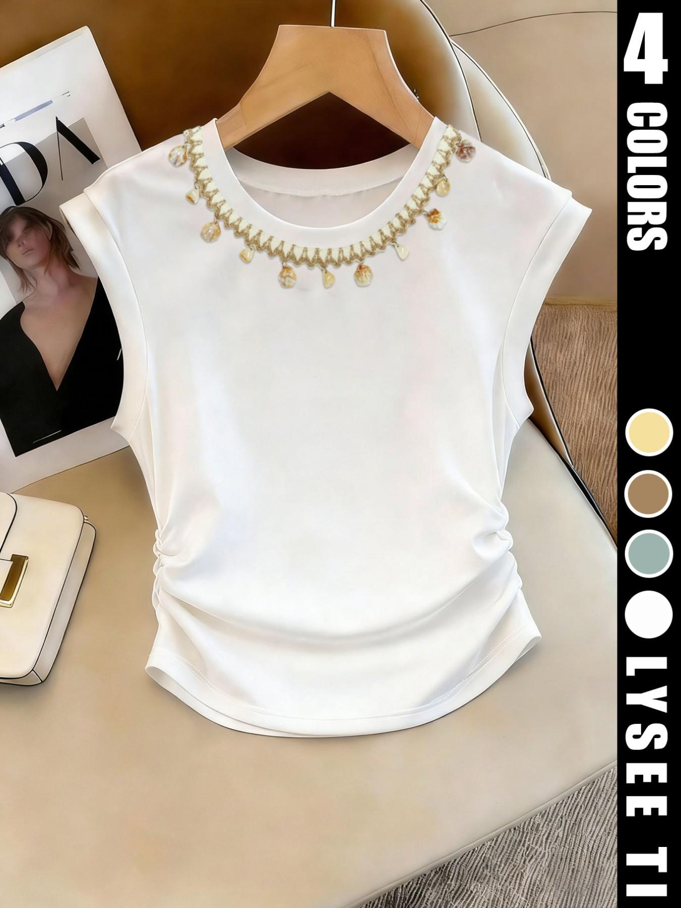 Women's top vest, white shell woven collar, casual and elegant vest