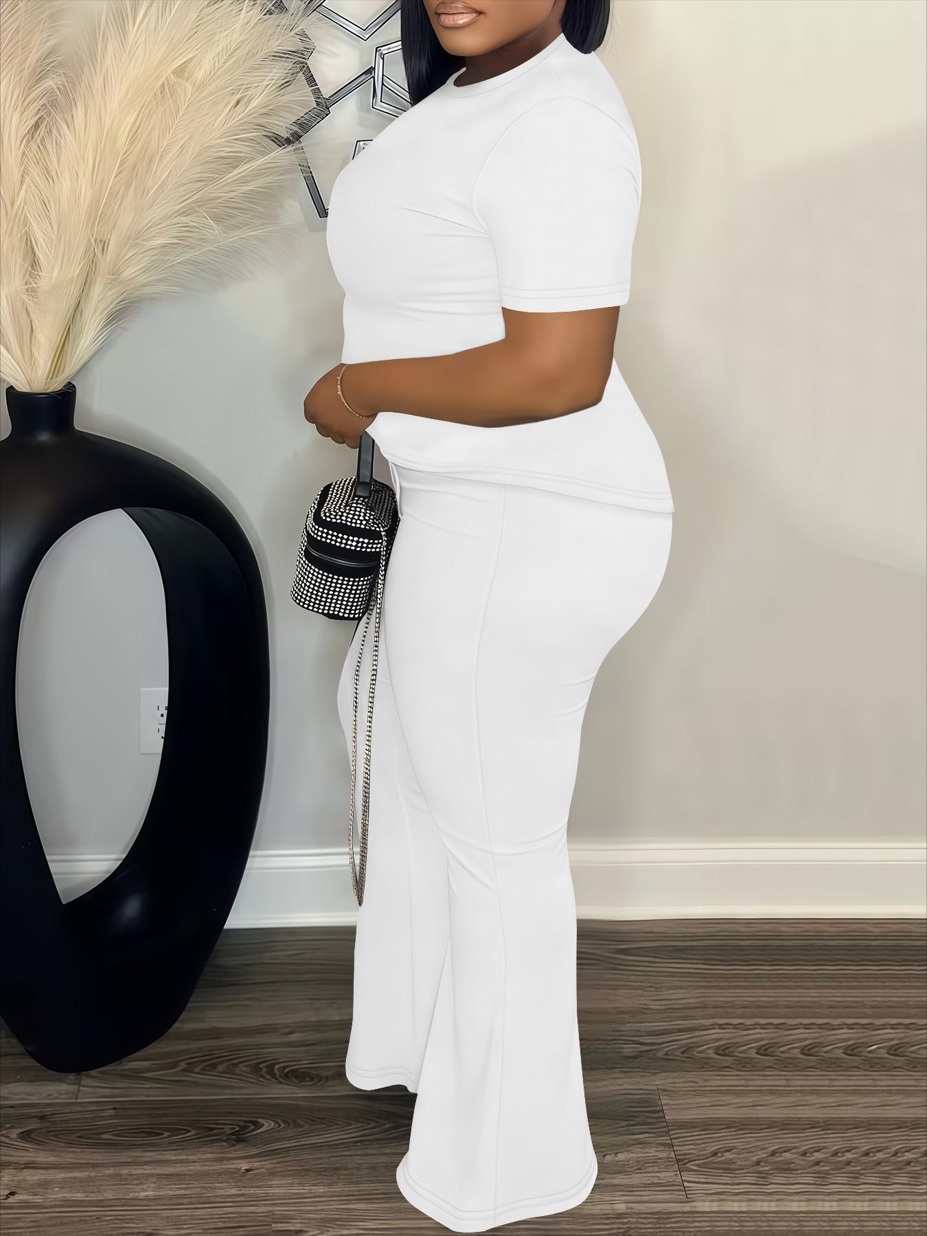 Women's Fashion Casual Short Sleeve Set, Plain Loose-Fitting High Waist Pants & Top, Spring & Fall, Plus Size