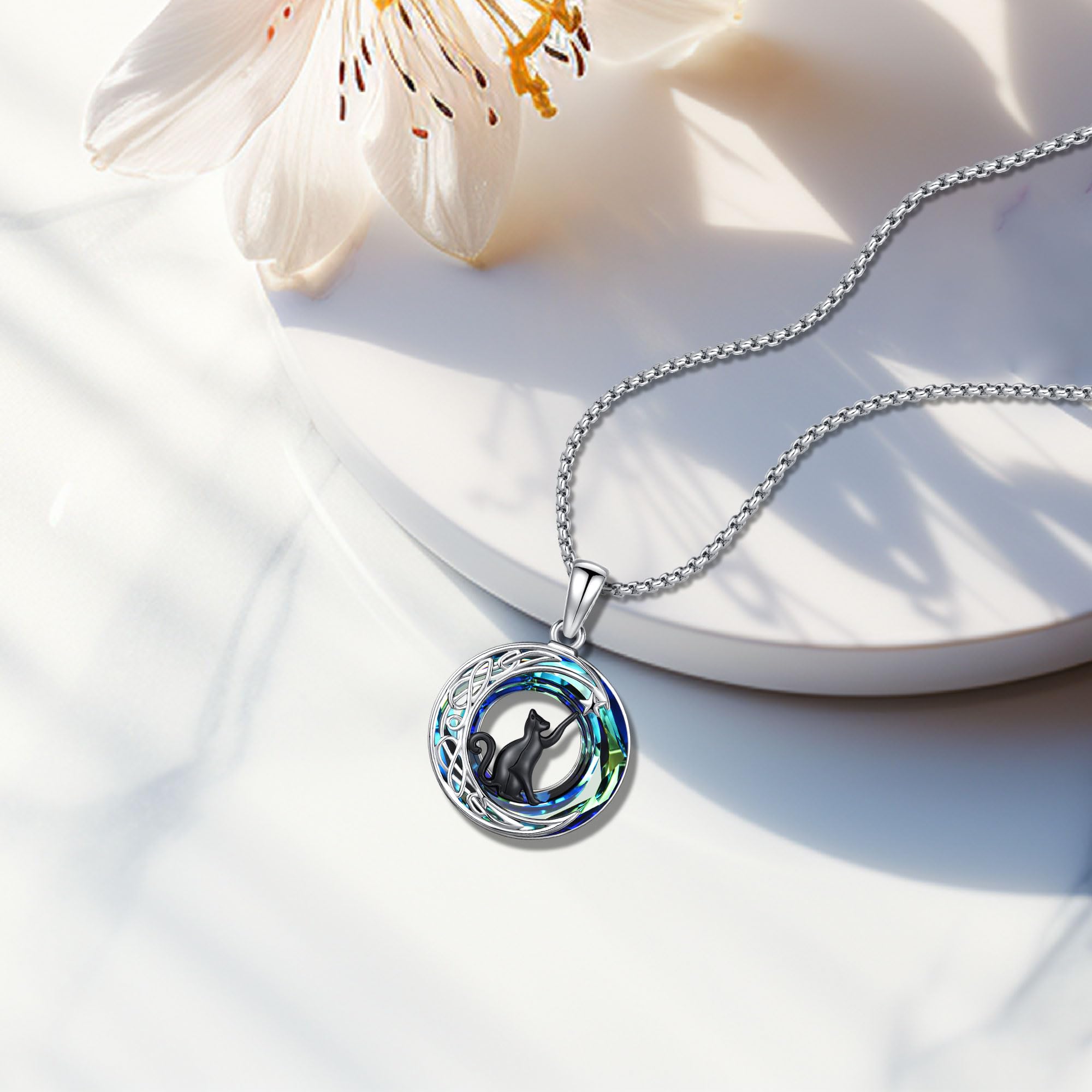 DRINSPER Cat Necklace 925 Sterling Silver Pendant & Crystal Round Fashion Jewelry for Cat Lovers