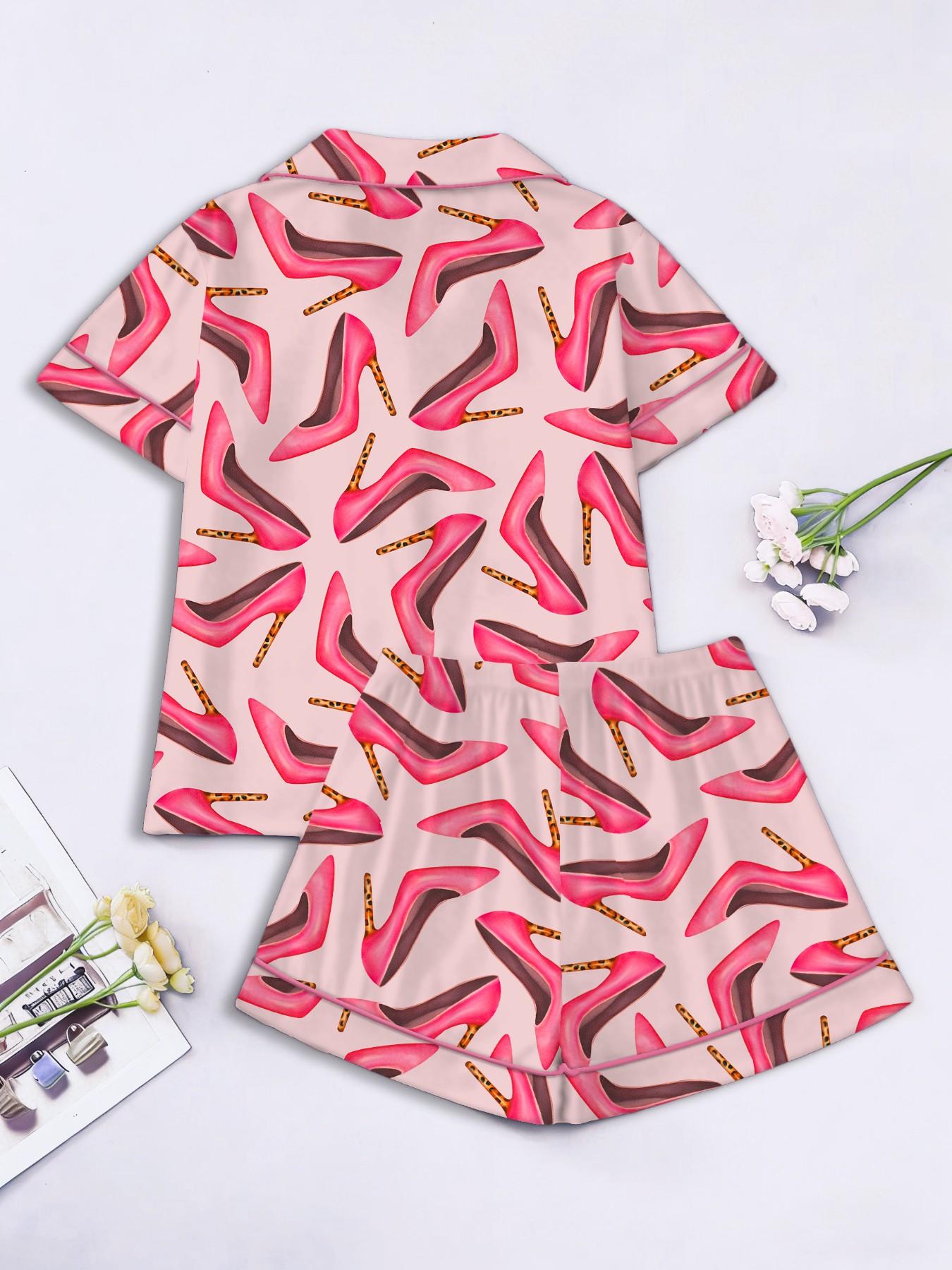 Women's Short Sleeve Button Down Top and Shorts Pajama Set, Spring Summer Wear, For Elegant Mature Ladies, Pink Muted High Heel Print, Classic Lapel Collar, Loose Draping Fit, Comfortable For Home & Office