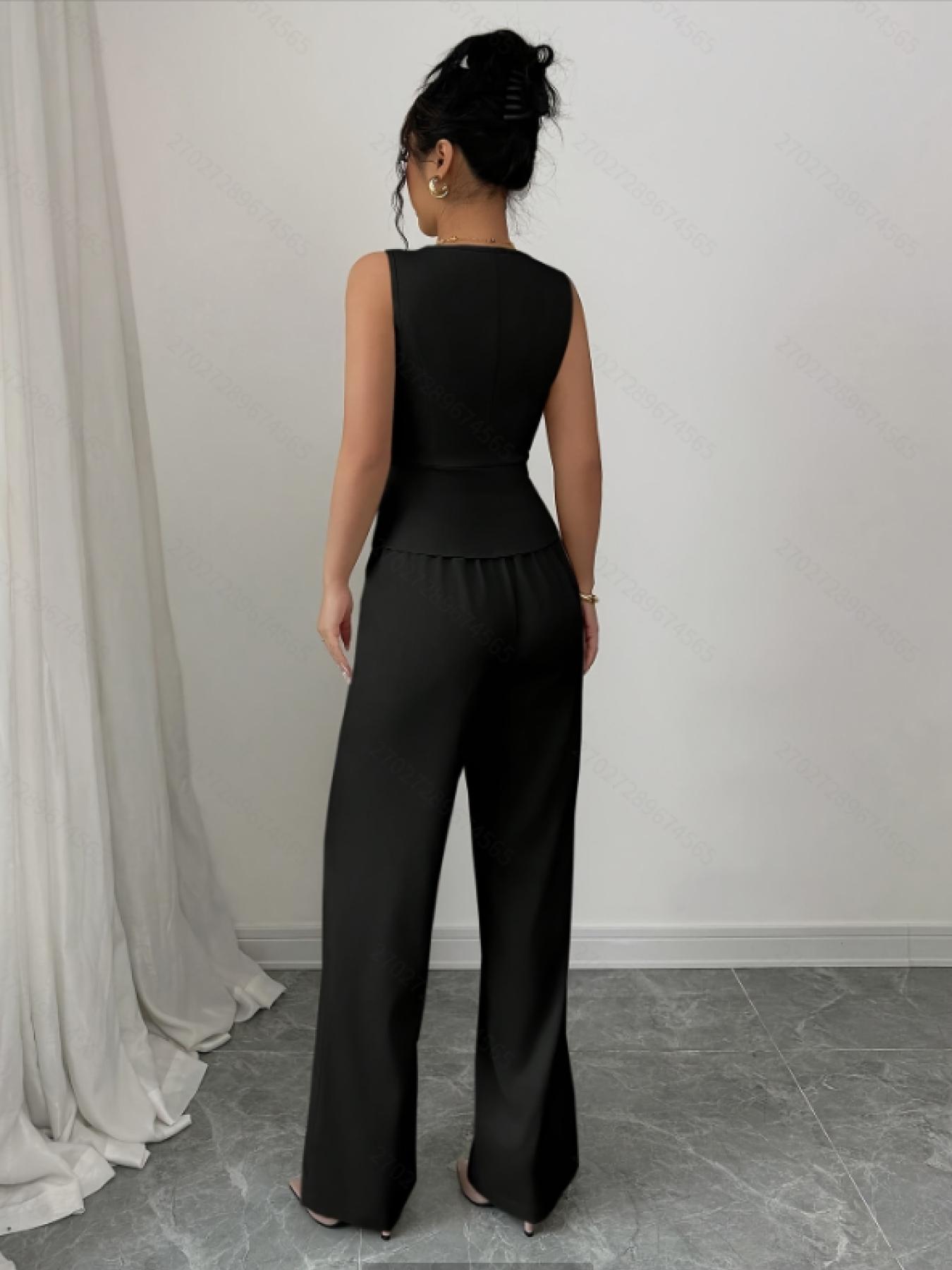 YYT1 A women's Chic Sleeveless Vneck luxury waist cinched Fitted suit vest set, Pants Top Set, same color scheme, suitable commuting, shopping, outdoor activities, Fitted clothing set
