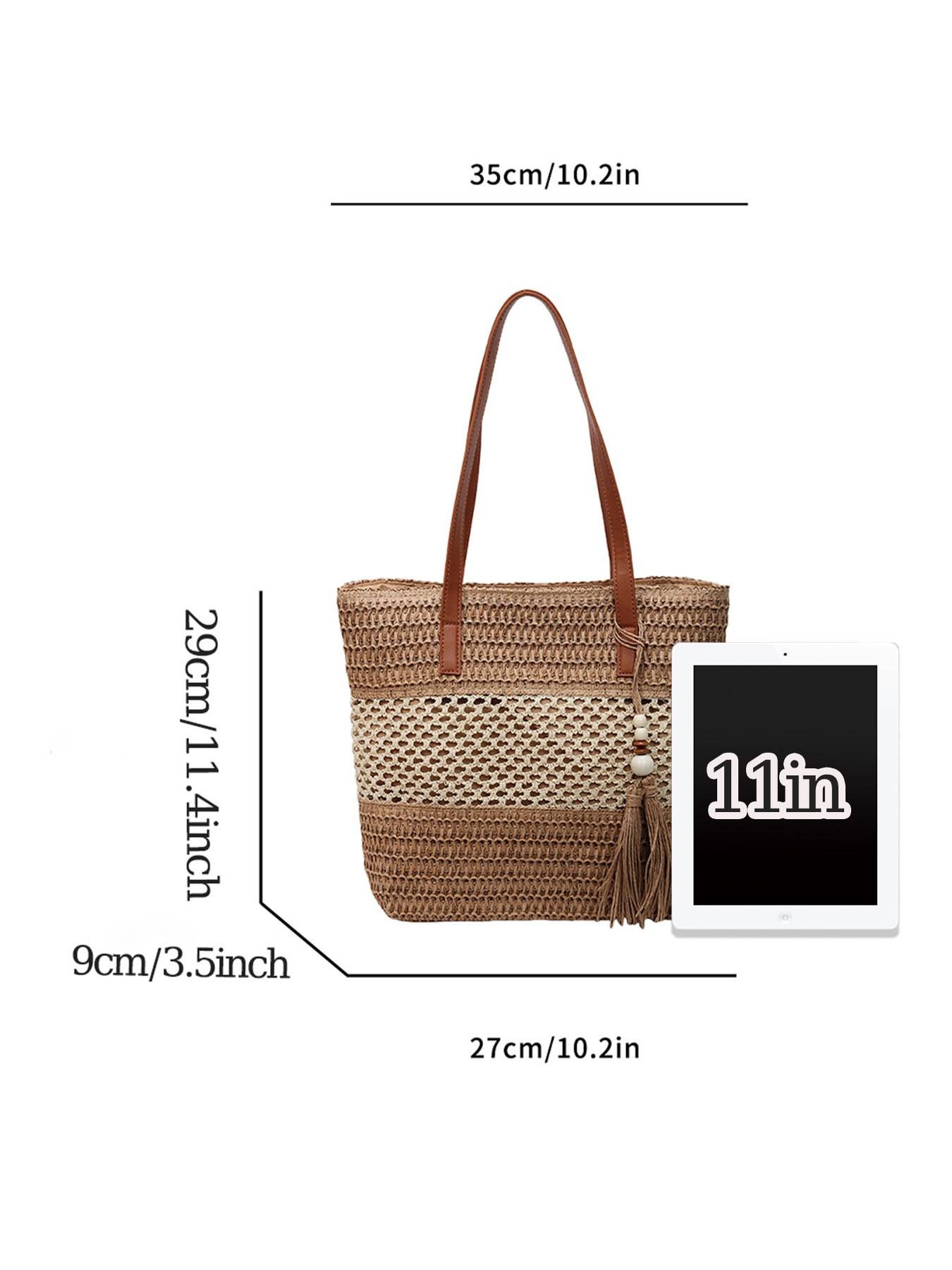 2026 Summer Bohemian Tote Bag, Handwoven Raffia, Leather Strap, Pearl Fringe, Large Capacity, Perfect for Daily Use, Fashionable & Comfortable