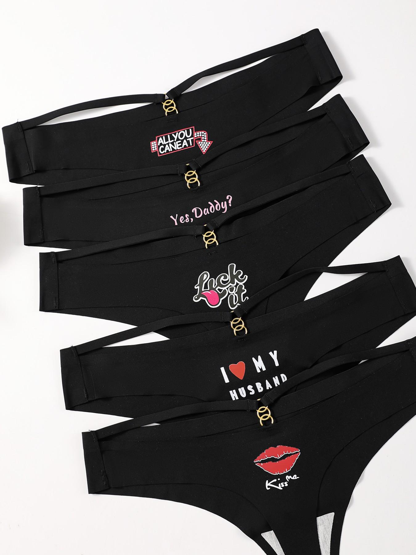 Low-Waist Sexy Women's Briefs Set of 5, Unique Print with Metal Accessories, Street Style Hot Girl Underwear, All Seasons Fitted