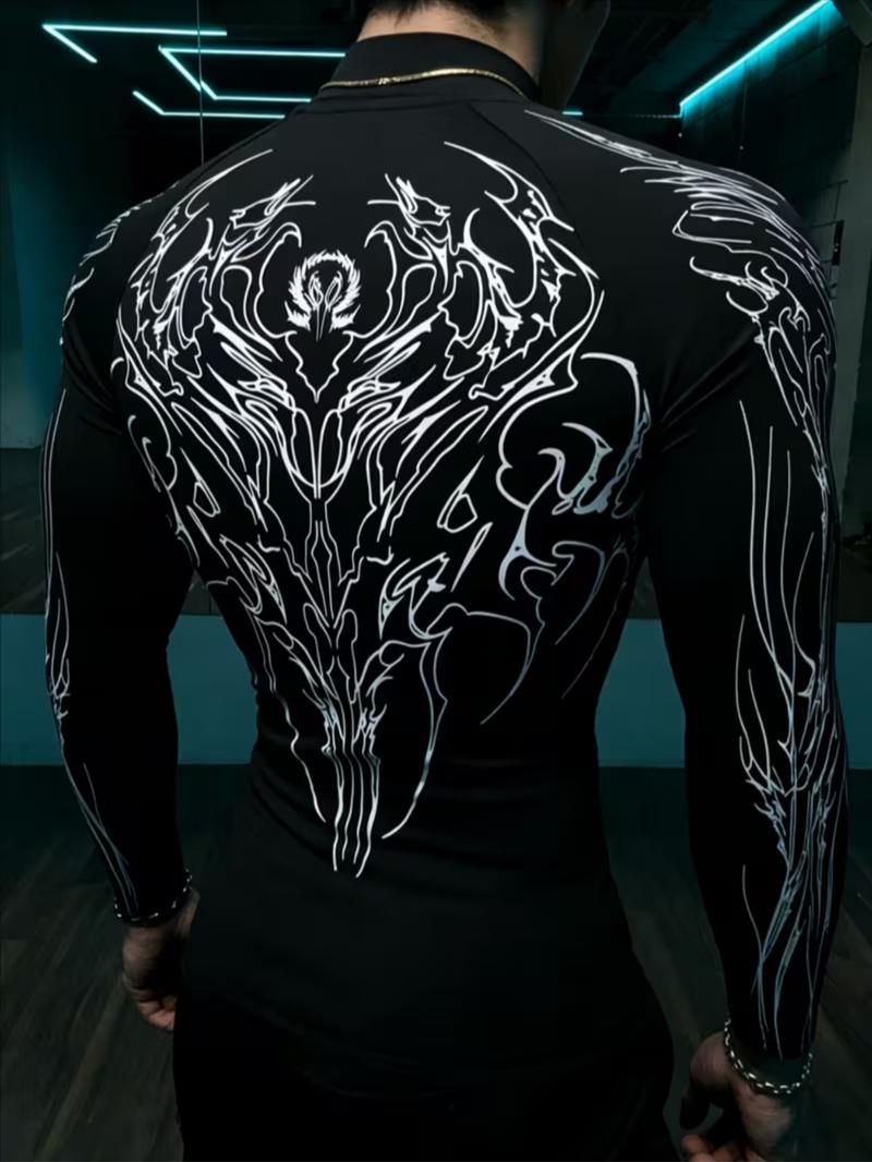 Men's Slim Fit Long Sleeve Sports Shirt, Quick-Dry Breathable Polyester Fabric, Pattern Design, Ideal for Running, Fitness, Casual Wear