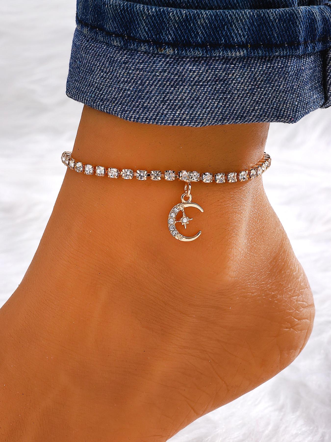 Rhinestone Star & Moon Charm Anklet, Fashionable Jewelry for Women & Girls for Party, Daily Clothing Decor, Trendy All-match & Exquisite Jewelry for Birthday Gift, Elegant Fashion Accessories