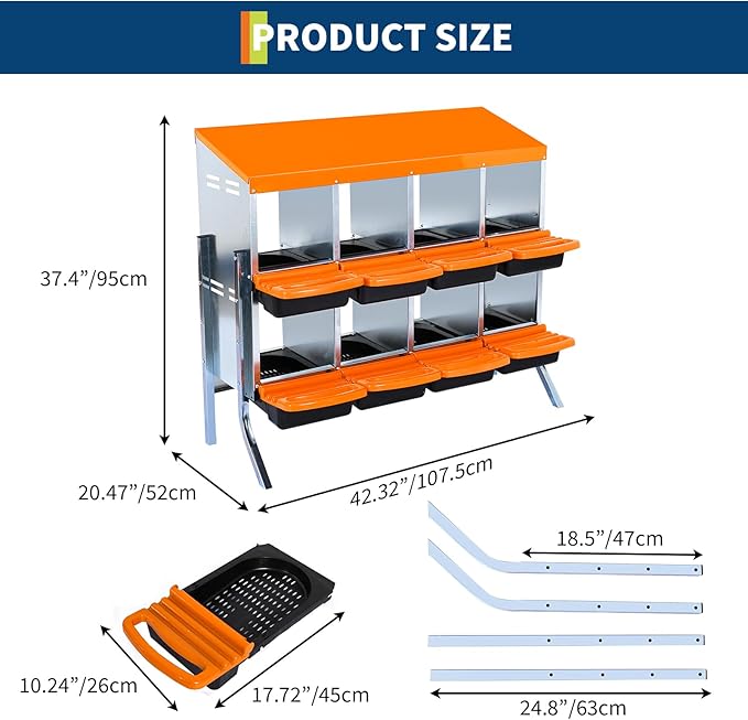 Chicken Nest Box, Rollaway Chicken Nesting Box, 2-Tiers Large Mental Hen Roll-Off Layer Box with Extra Large Openings, Resting Platform, Waterproof Sloped Roof, Easy Clean Removable Tray