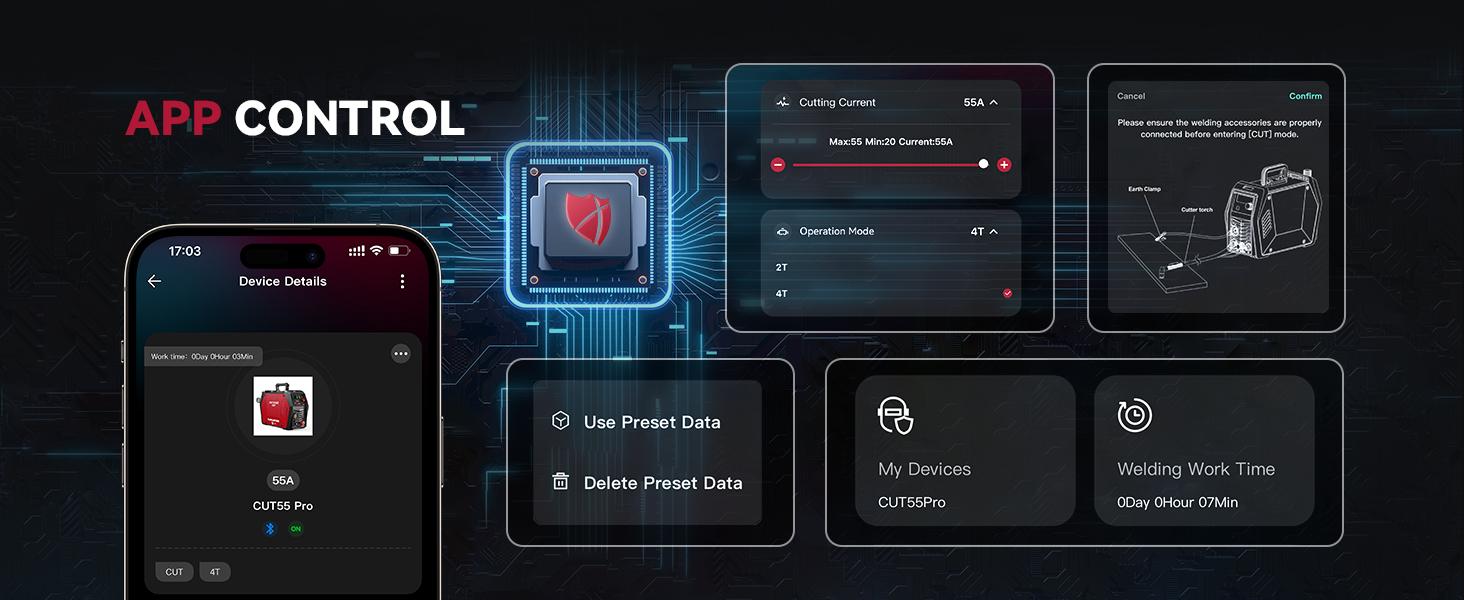 ARCCAPTAIN CUT55 Pro Plasma Cutter APP Control 55 Amp Non-Touch Pilot Arc 120V/240V Dual Voltage Large LED Display 2T/4T 3/4 Inch Cut DC Inverter IGBT High-Frequency Plasma Cutter for Stainless Steel Aluminum Iron Fabrication