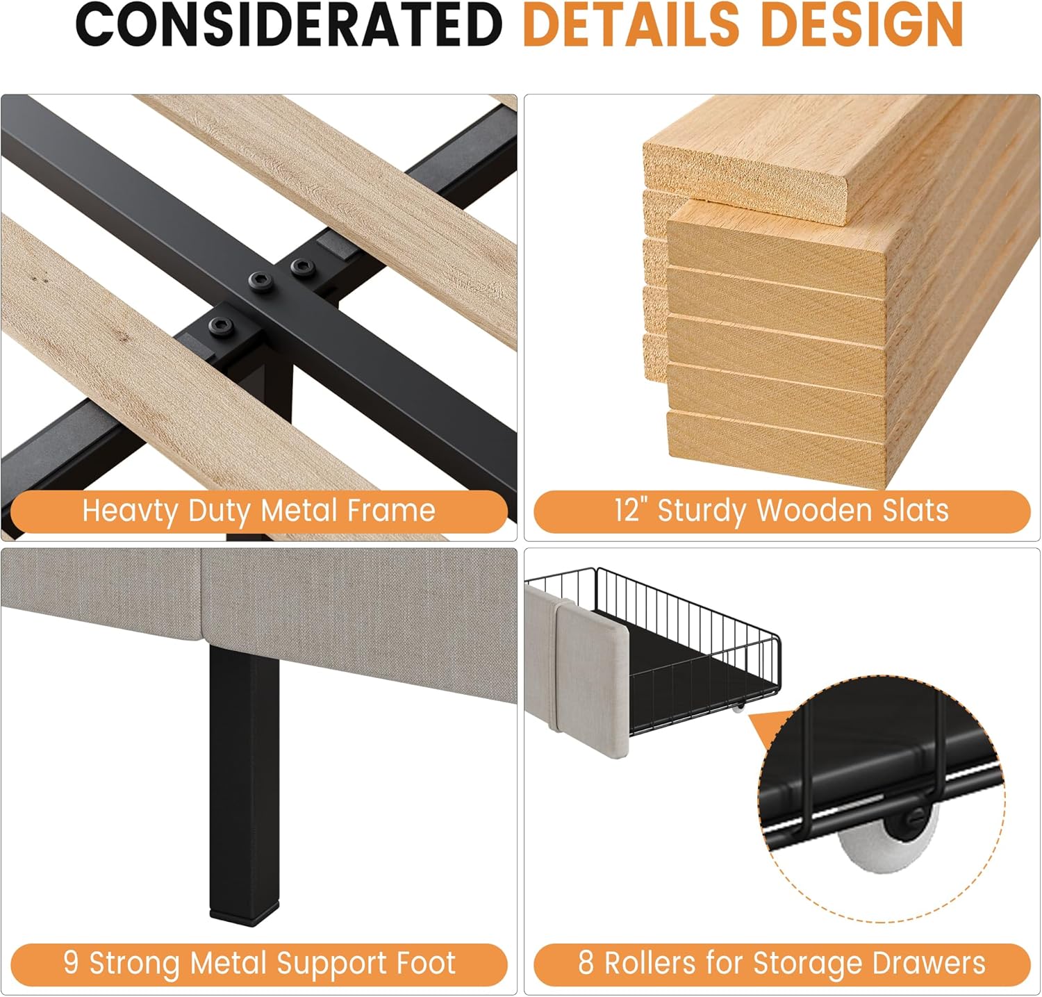 Bed Frame, Upholstered Platform Bed Frame with Storage Drawers, Mattress Foundation with Solid Wooden Slats Support, No Box Spring Needed