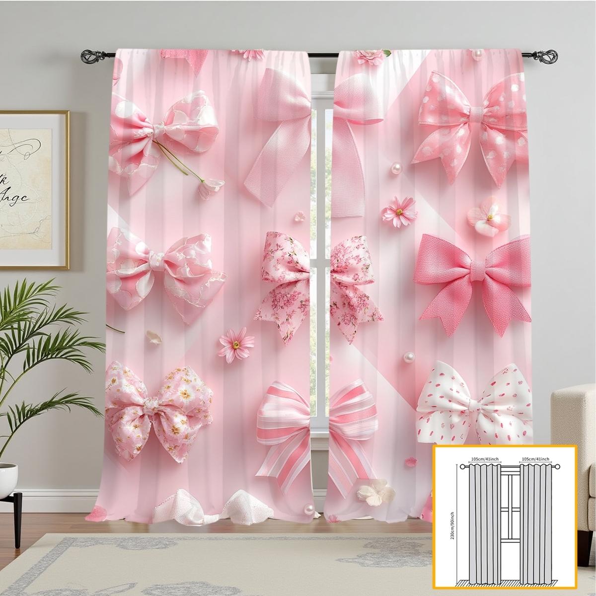 Bow Pattern Curtain, 2 Counts/set Modern Simple Home Decorative Curtain, Home Decoration Curtain, Home Decor for Living Room Bedroom Study Room