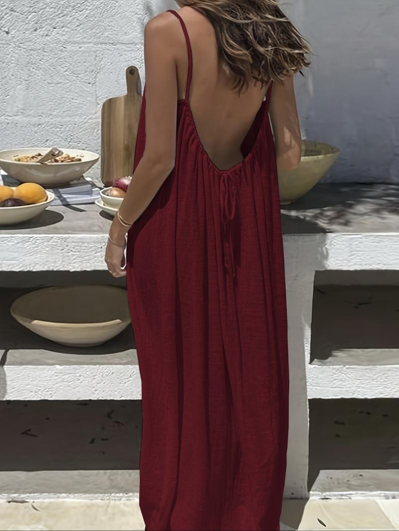 Women's Solid Color Drawstring Cami Dress, Elegant Cool Backless Long Slip, Dress for Summer Heat Women's Solid Color Drawstring Cami Dress, Elegant Cool Backless Long Slip, Dress for Summer Heat
