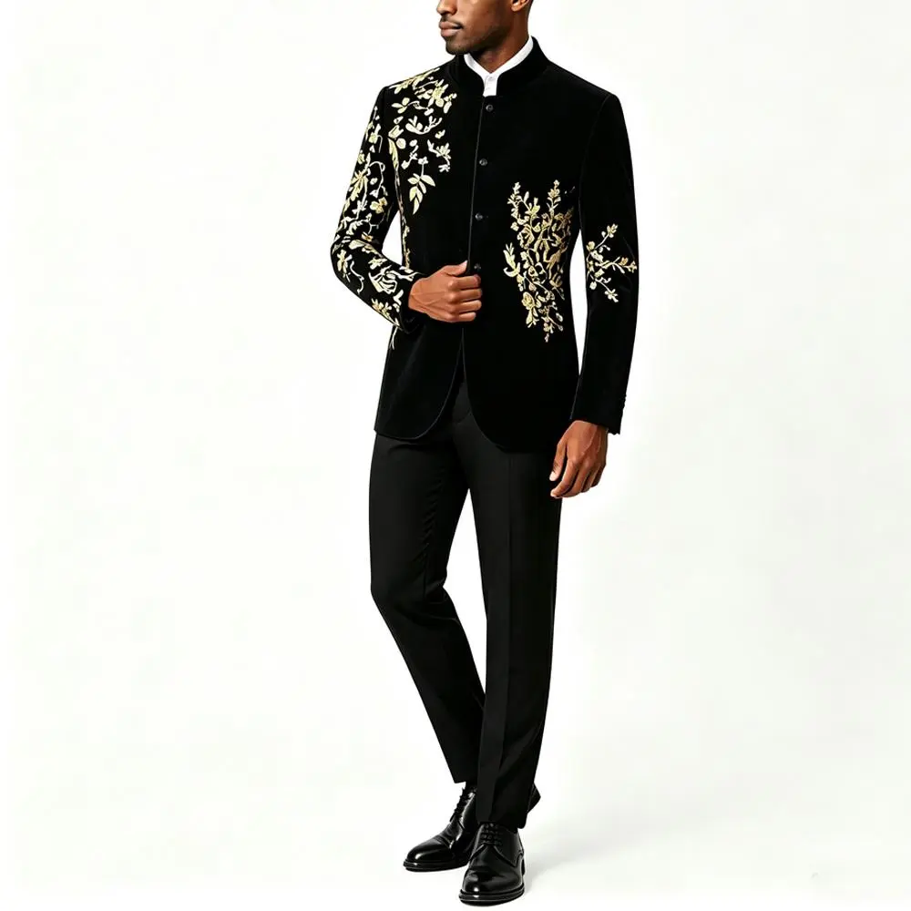 Men Stand Collar Velvet Blazer, Gold Floral Embroidery Mandarin Jacket, Slim Fit Formal Suit Jacket for Wedding Party Stage Show