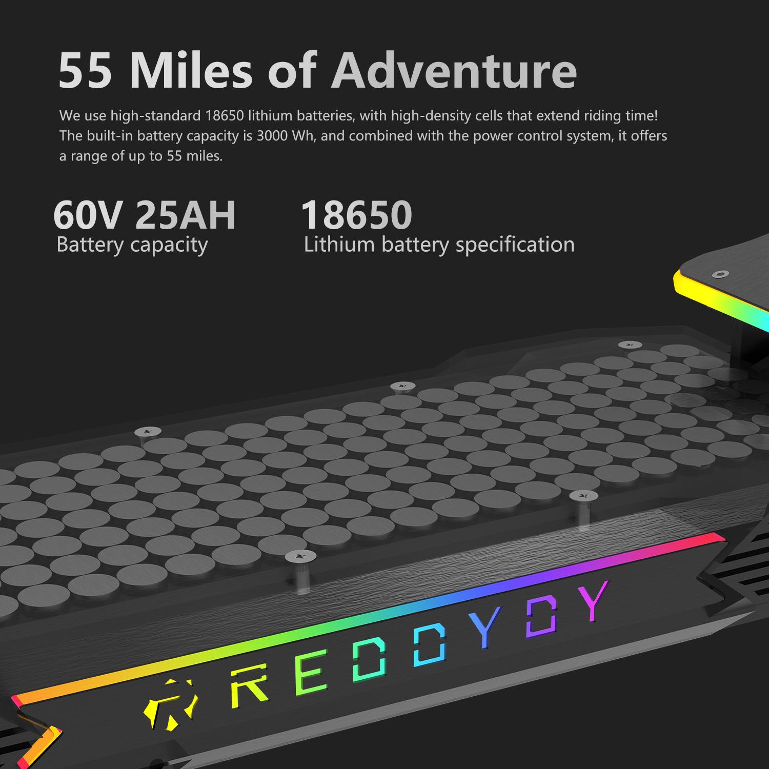 REDDYDY RD2 5000W Off-Road Electric Scooter for Adults - 50 MPH,60V 25Ah Battery,55-Mile Range,Dual Motor, 10.5" Tires,Hydraulic Brakes,Front&Rear Suspension,Foldable,UL2272 Certified REDDYDY RD2 5000W Off-Road Electric Scooter for Adults - 50 MPH,60V 25Ah Battery,55-Mile Range,Dual Motor, 10.5" Tires,Hydraulic Brakes,Front&Rear Suspension,Foldable,UL2272 Certified