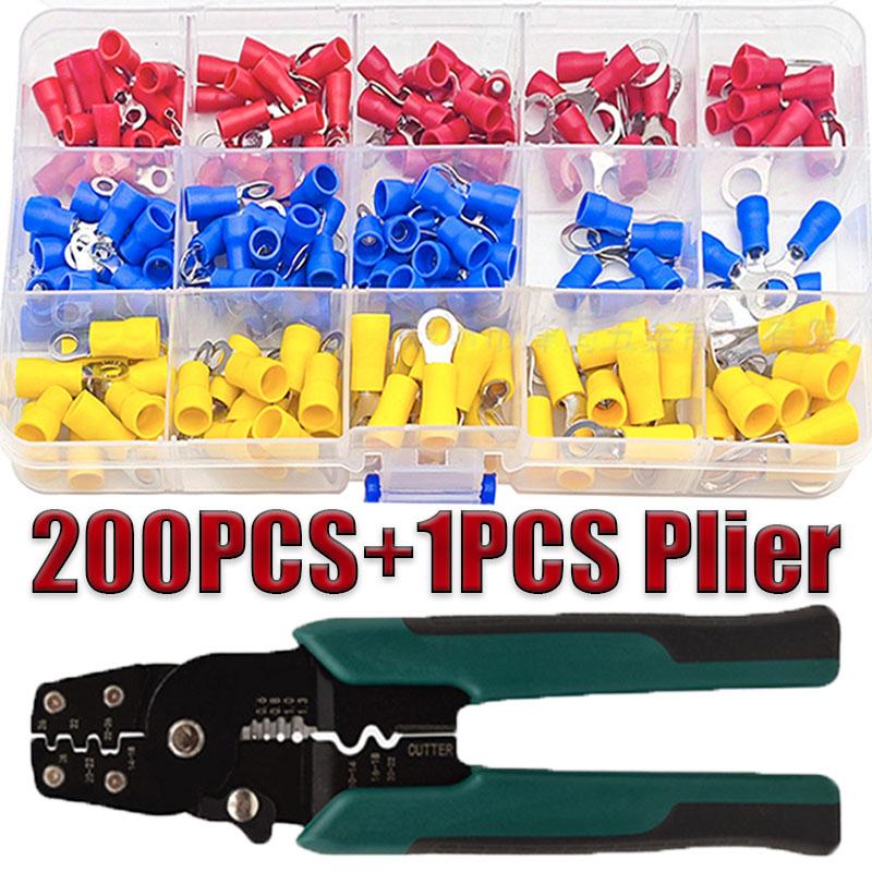 200pcs Wire Connector Kit, Male Female Insulated Terminals, Cold Press Terminal Ring, 22-10awg, Includes Crimping Tool